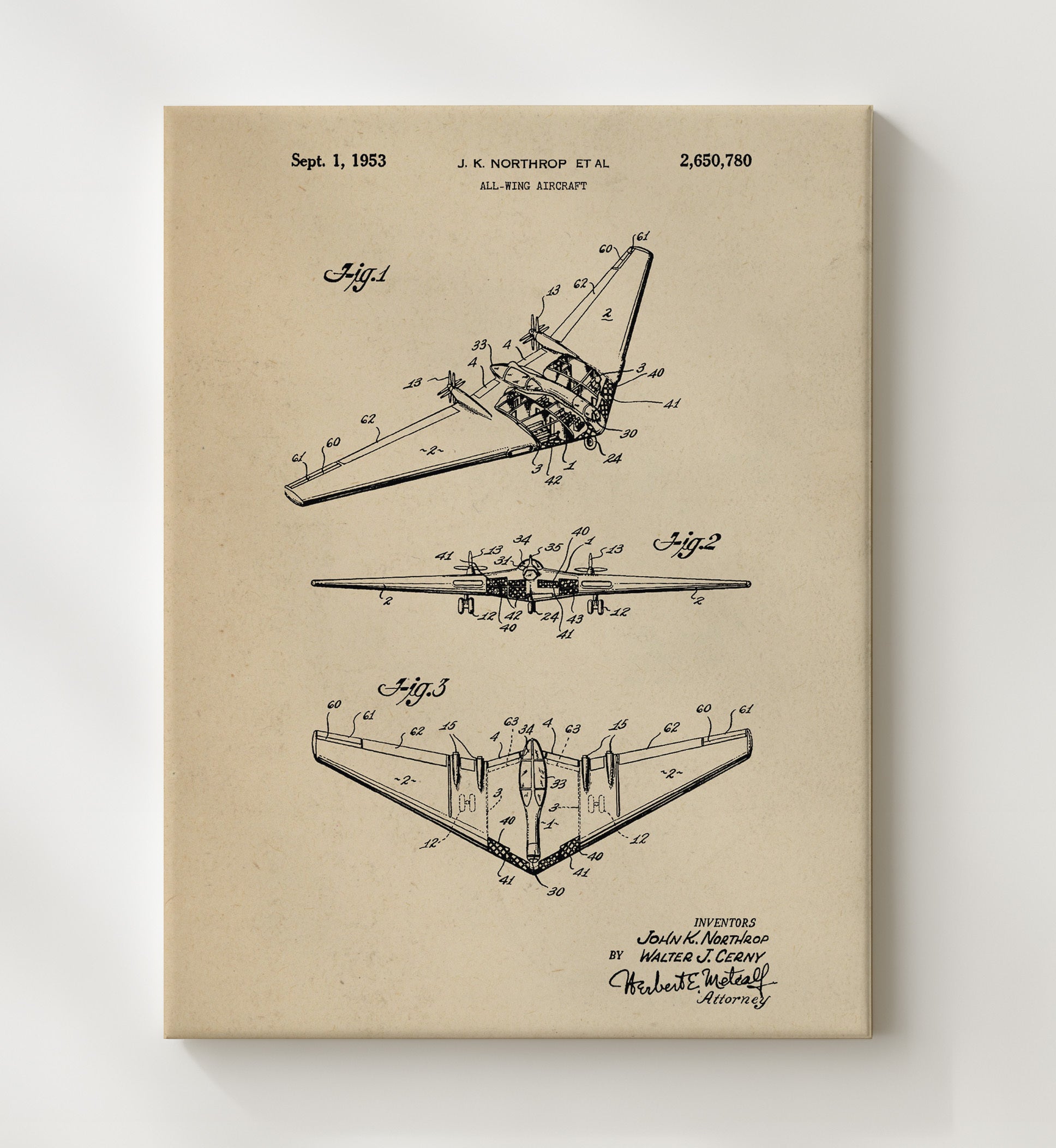 Patent Print - All-Wing Aircraft - John K Northrop Et Al - 1953 - Patent 2650780 Patent Wall Art