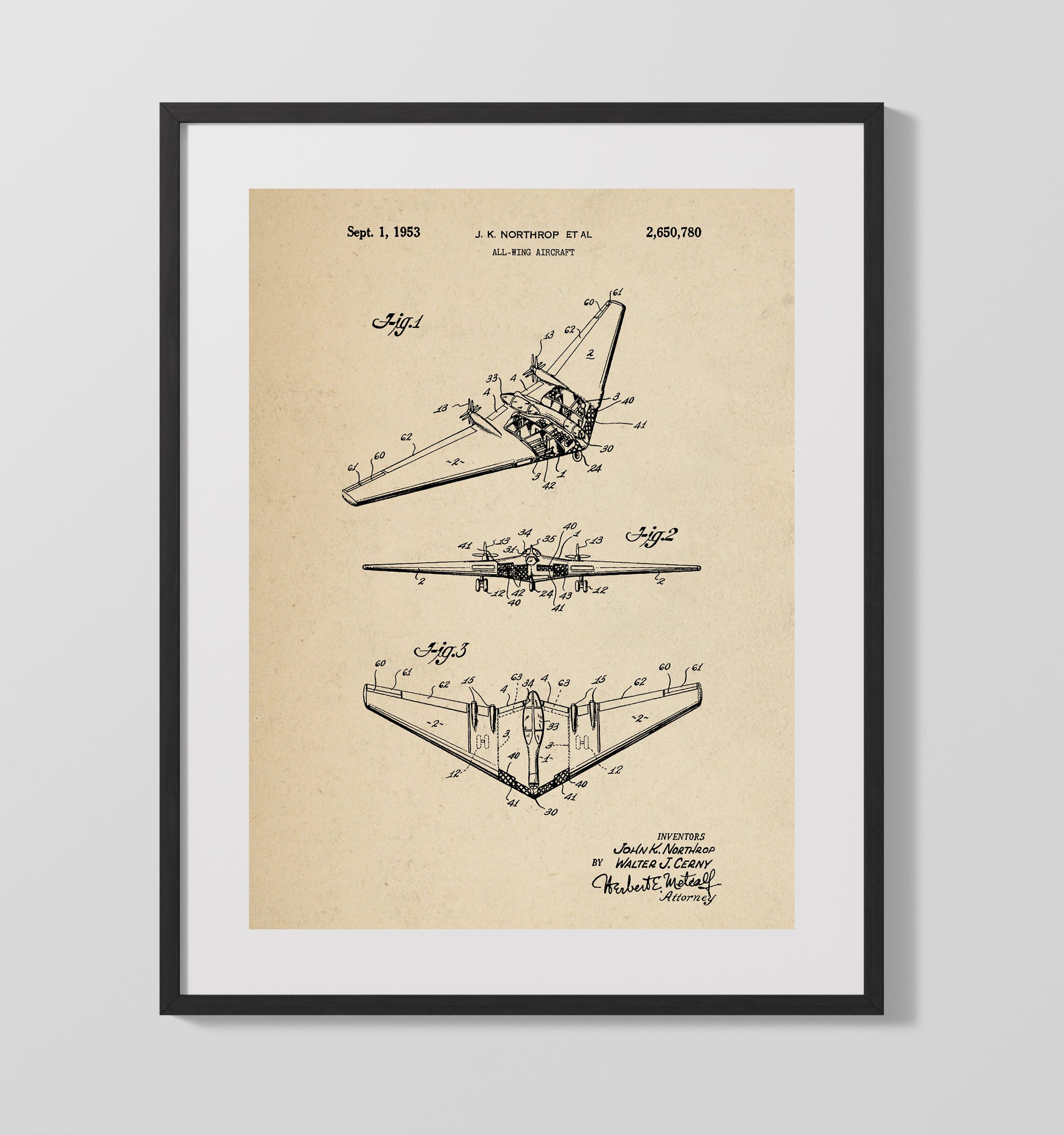 Patent Print - All-Wing Aircraft - John K Northrop Et Al - 1953 - Patent 2650780 Patent Wall Art