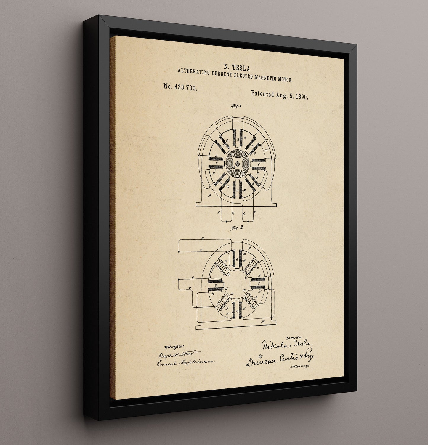Patent Print - Alternating Current Electro Magnetic Motor - Nikola Tesla - 1890 - Patent 433700 Patent Wall Art