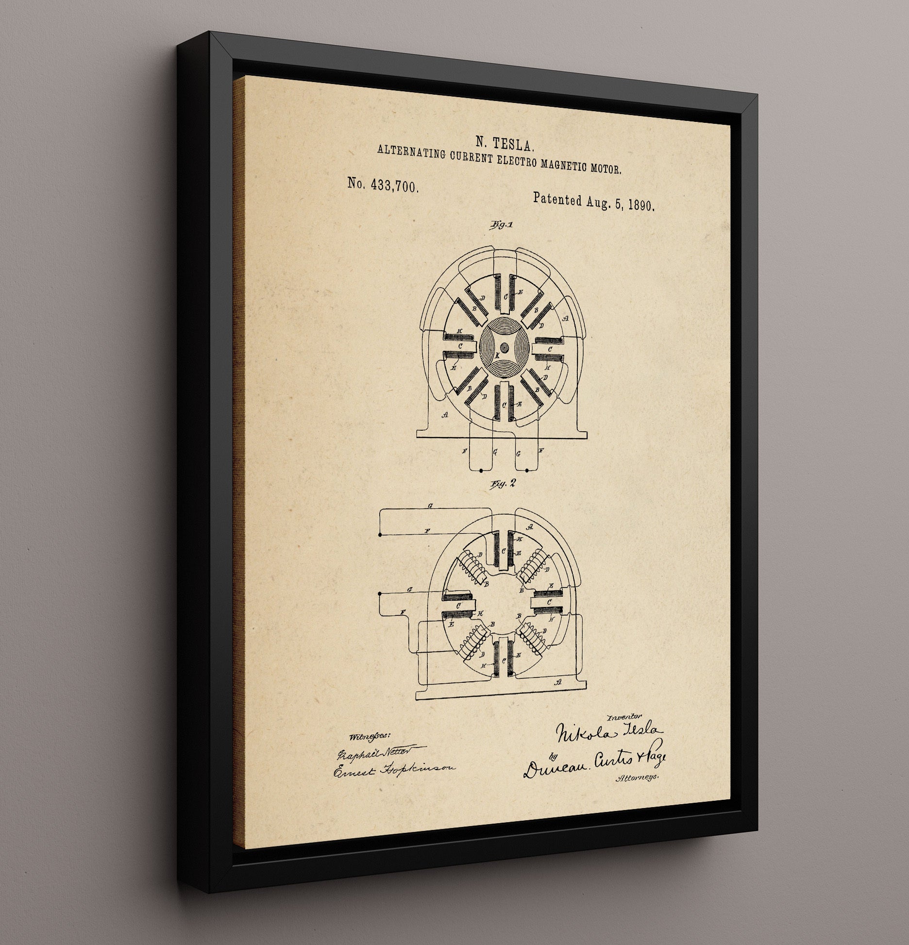 Patent Print - Alternating Current Electro Magnetic Motor - Nikola Tesla - 1890 - Patent 433700 Patent Wall Art