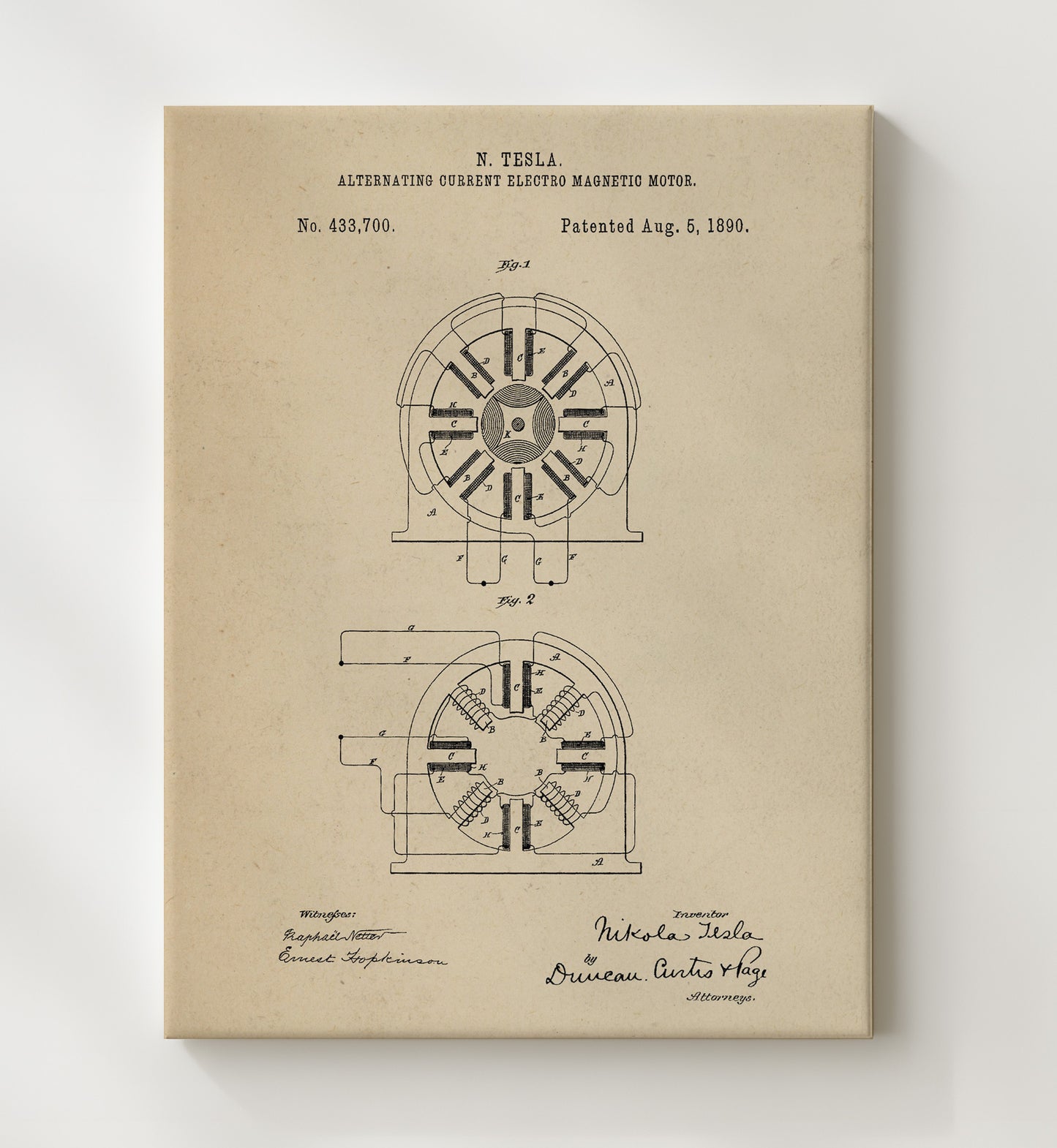 Patent Print - Alternating Current Electro Magnetic Motor - Nikola Tesla - 1890 - Patent 433700 Patent Wall Art
