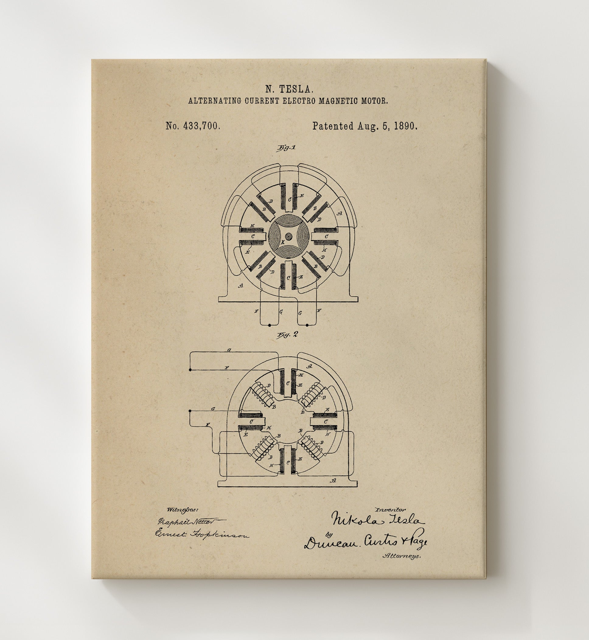 Patent Print - Alternating Current Electro Magnetic Motor - Nikola Tesla - 1890 - Patent 433700 Patent Wall Art