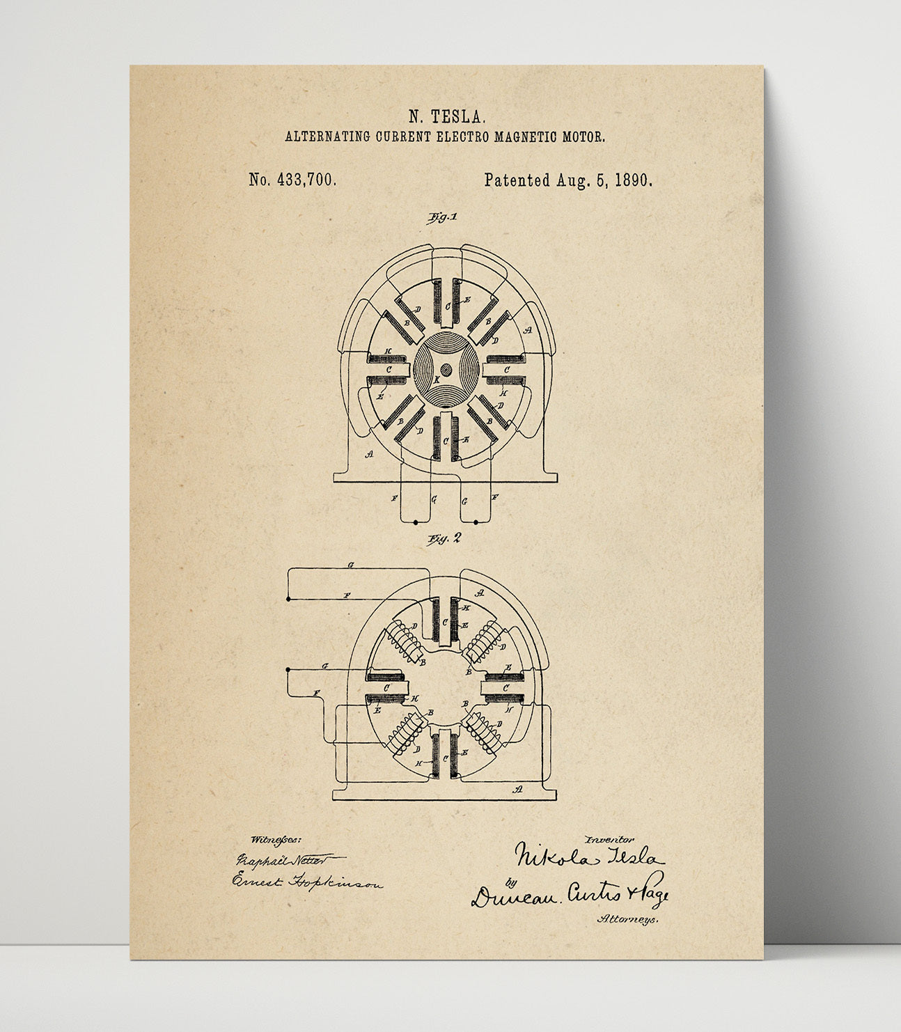 Patent Print - Alternating Current Electro Magnetic Motor - Nikola Tesla - 1890 - Patent 433700 Patent Wall Art