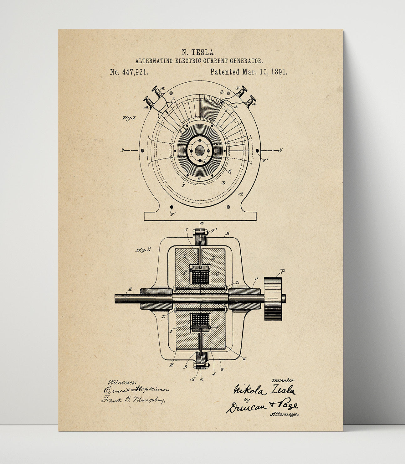 Patent Print - Alternating Electric Current Generator - Nikola Tesla - 1891 - Patent 447921 Patent Wall Art