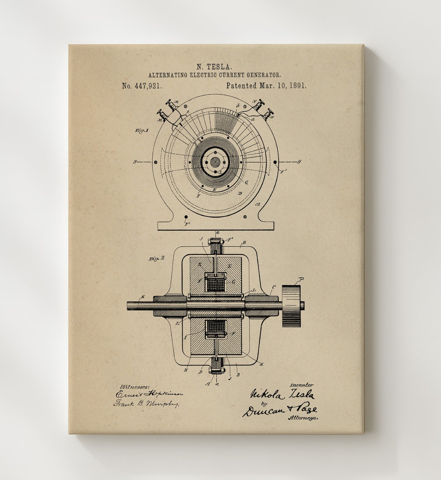 Patent Print - Alternating Electric Current Generator - Nikola Tesla - 1891 - Patent 447921 Patent Wall Art