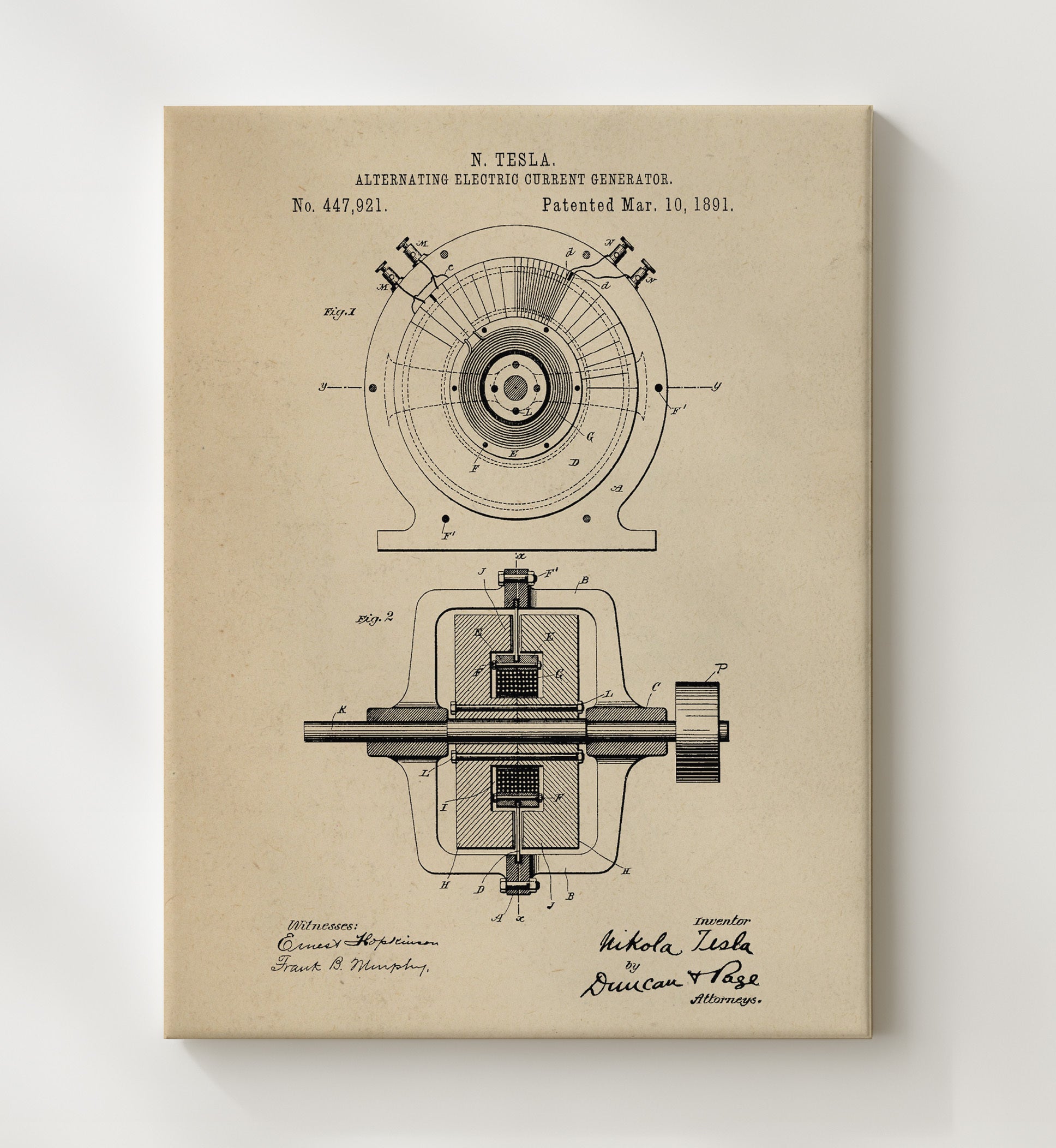 Patent Print - Alternating Electric Current Generator - Nikola Tesla - 1891 - Patent 447921 Patent Wall Art