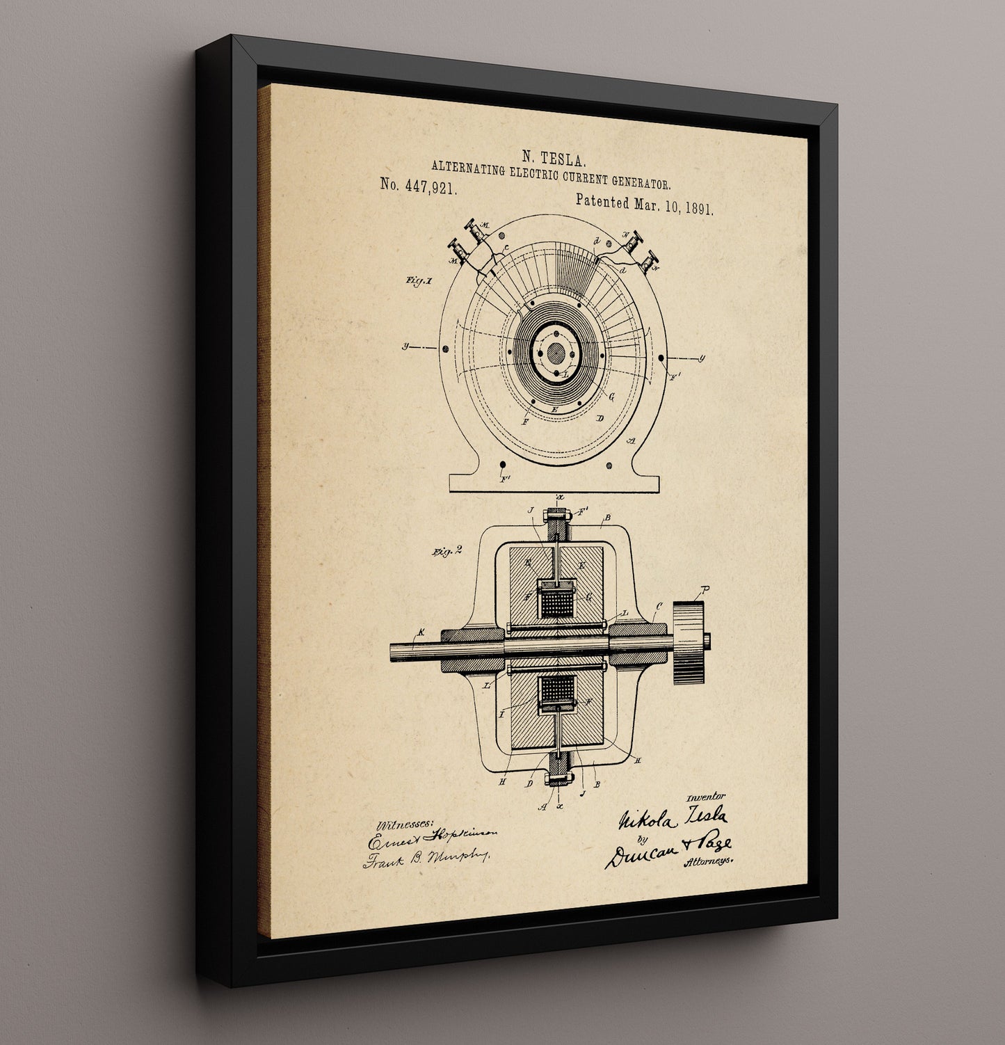 Patent Print - Alternating Electric Current Generator - Nikola Tesla - 1891 - Patent 447921 Patent Wall Art