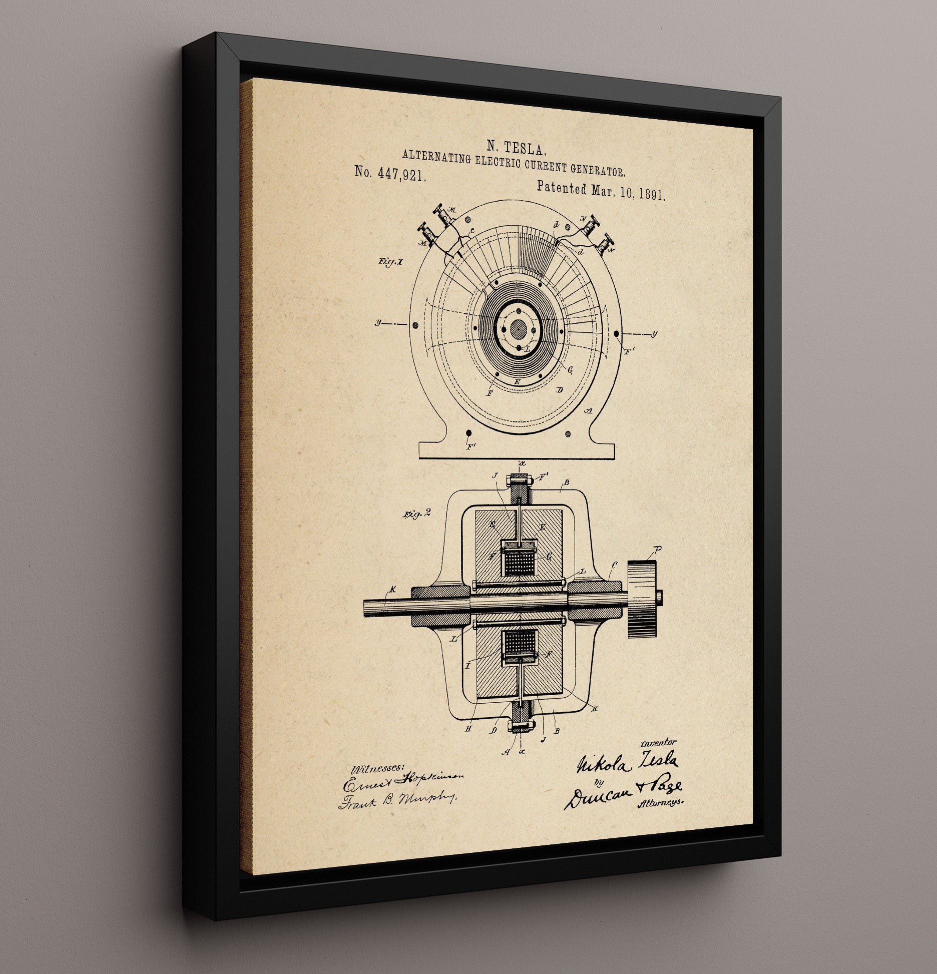 Patent Print - Alternating Electric Current Generator - Nikola Tesla - 1891 - Patent 447921 Patent Wall Art