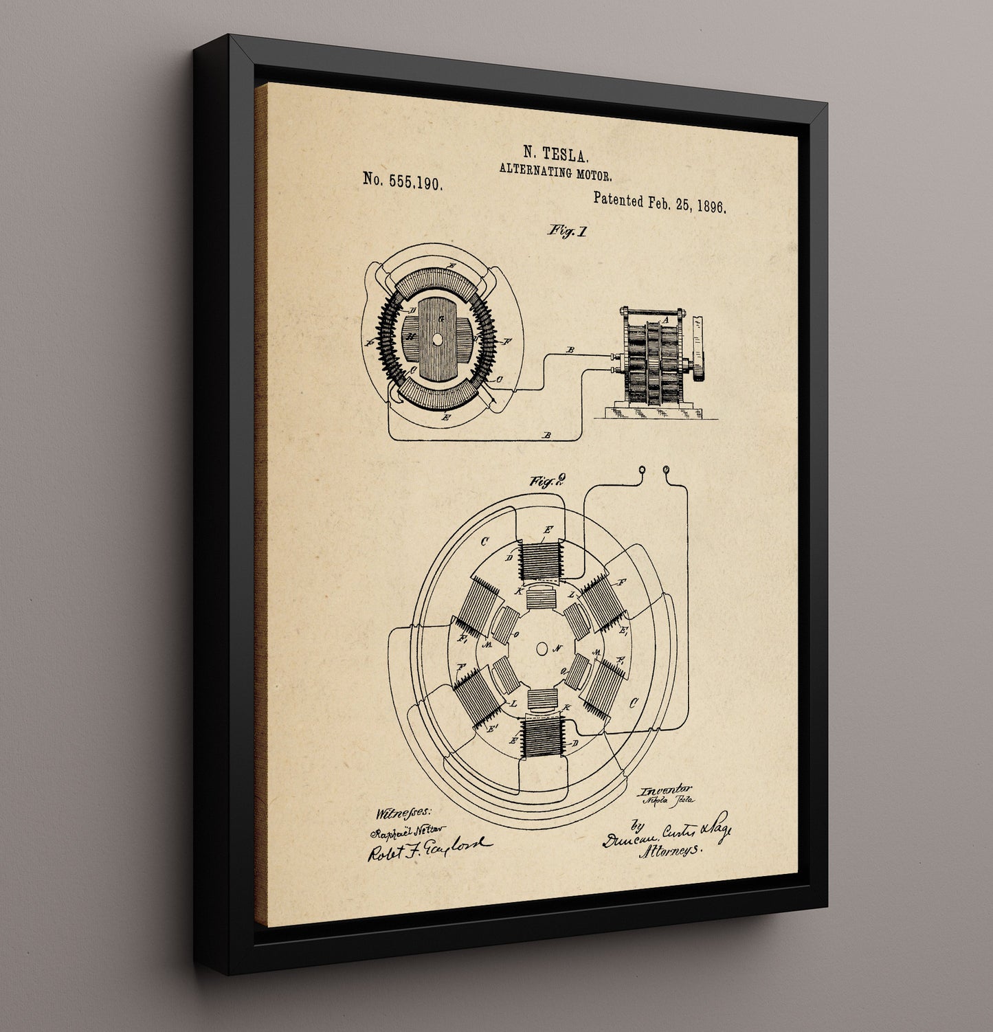 Patent Print - Alternating Motor - Nikola Tesla - 1896 - Patent 555190 Patent Wall Art