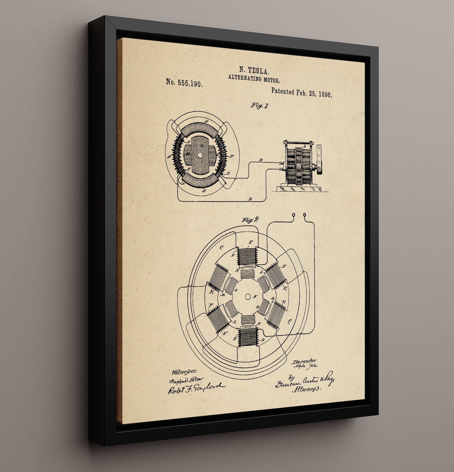 Patent Print - Alternating Motor - Nikola Tesla - 1896 - Patent 555190 Patent Wall Art