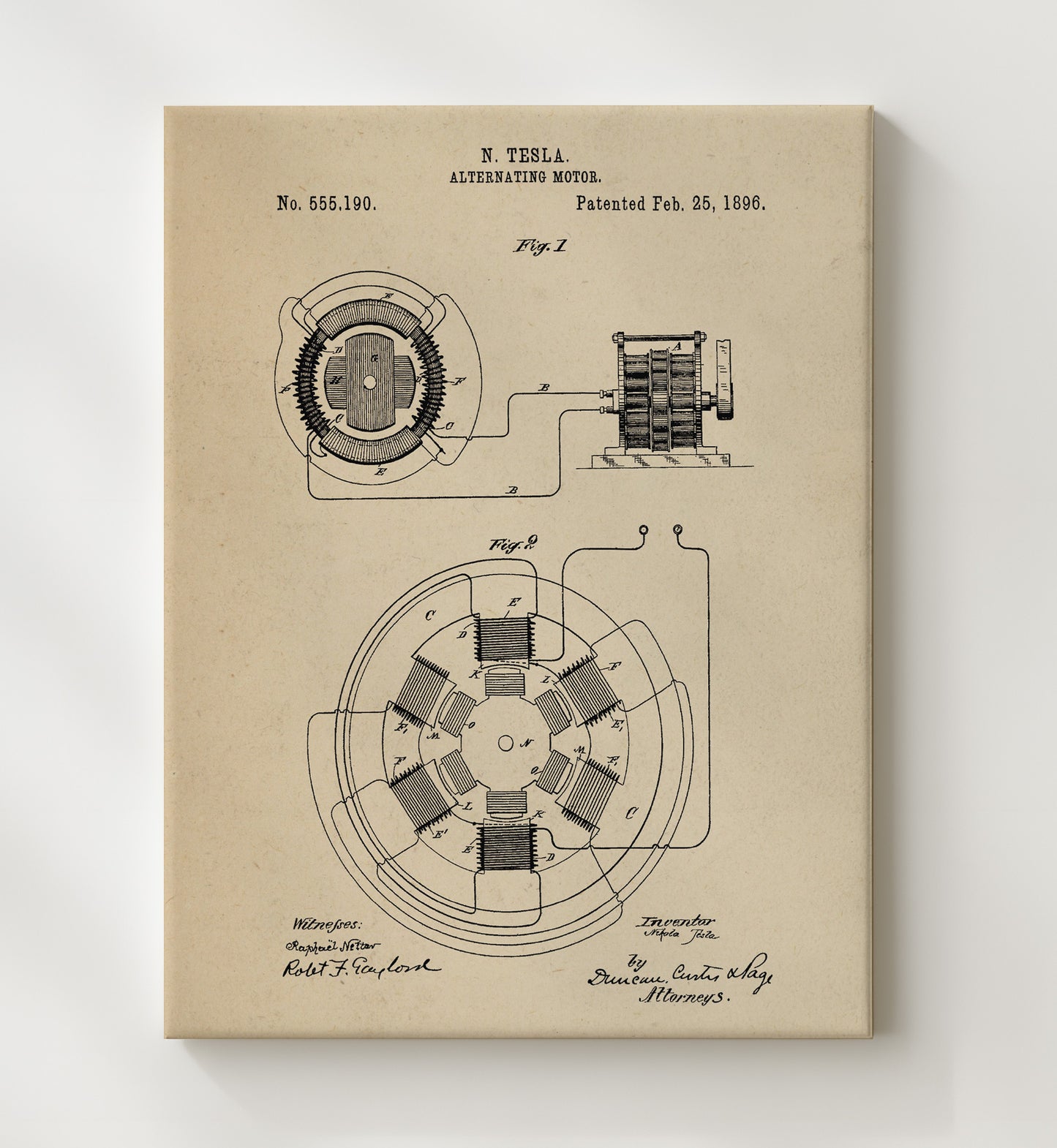 Patent Print - Alternating Motor - Nikola Tesla - 1896 - Patent 555190 Patent Wall Art