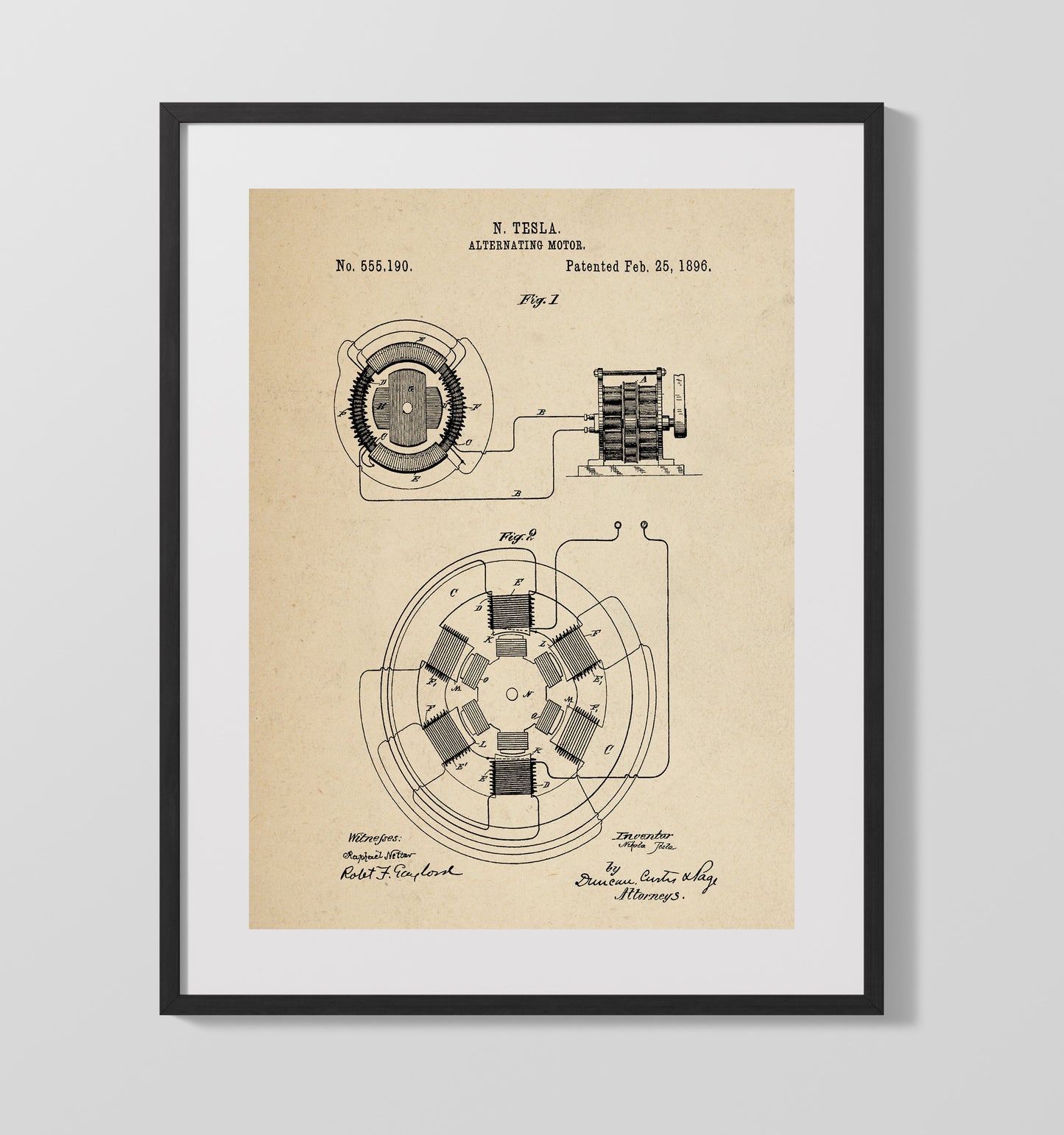 Patent Print - Alternating Motor - Nikola Tesla - 1896 - Patent 555190 Patent Wall Art