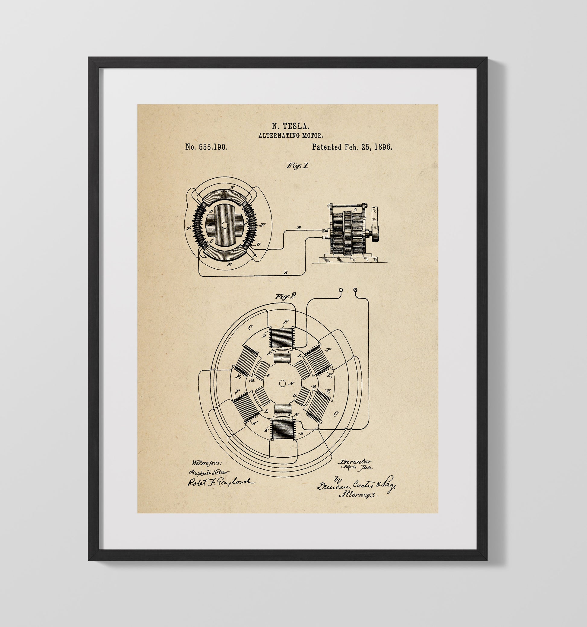 Patent Print - Alternating Motor - Nikola Tesla - 1896 - Patent 555190 Patent Wall Art