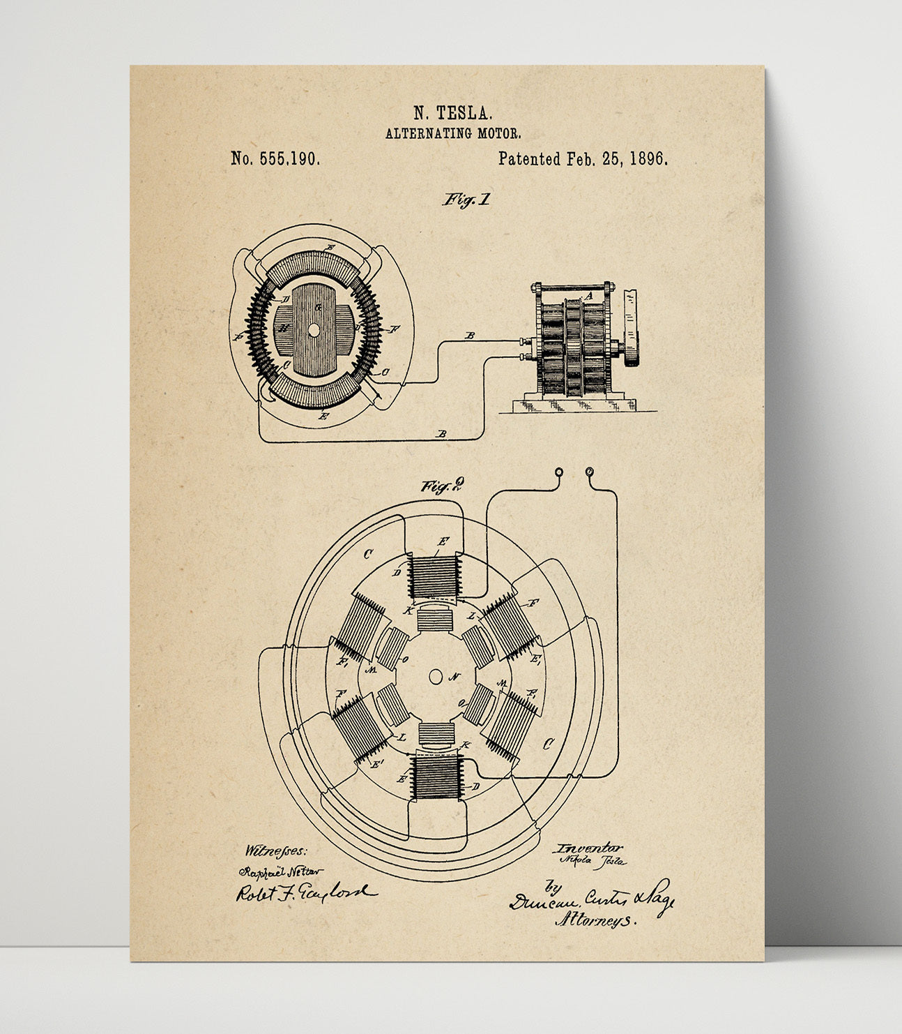 Patent Print - Alternating Motor - Nikola Tesla - 1896 - Patent 555190 Patent Wall Art