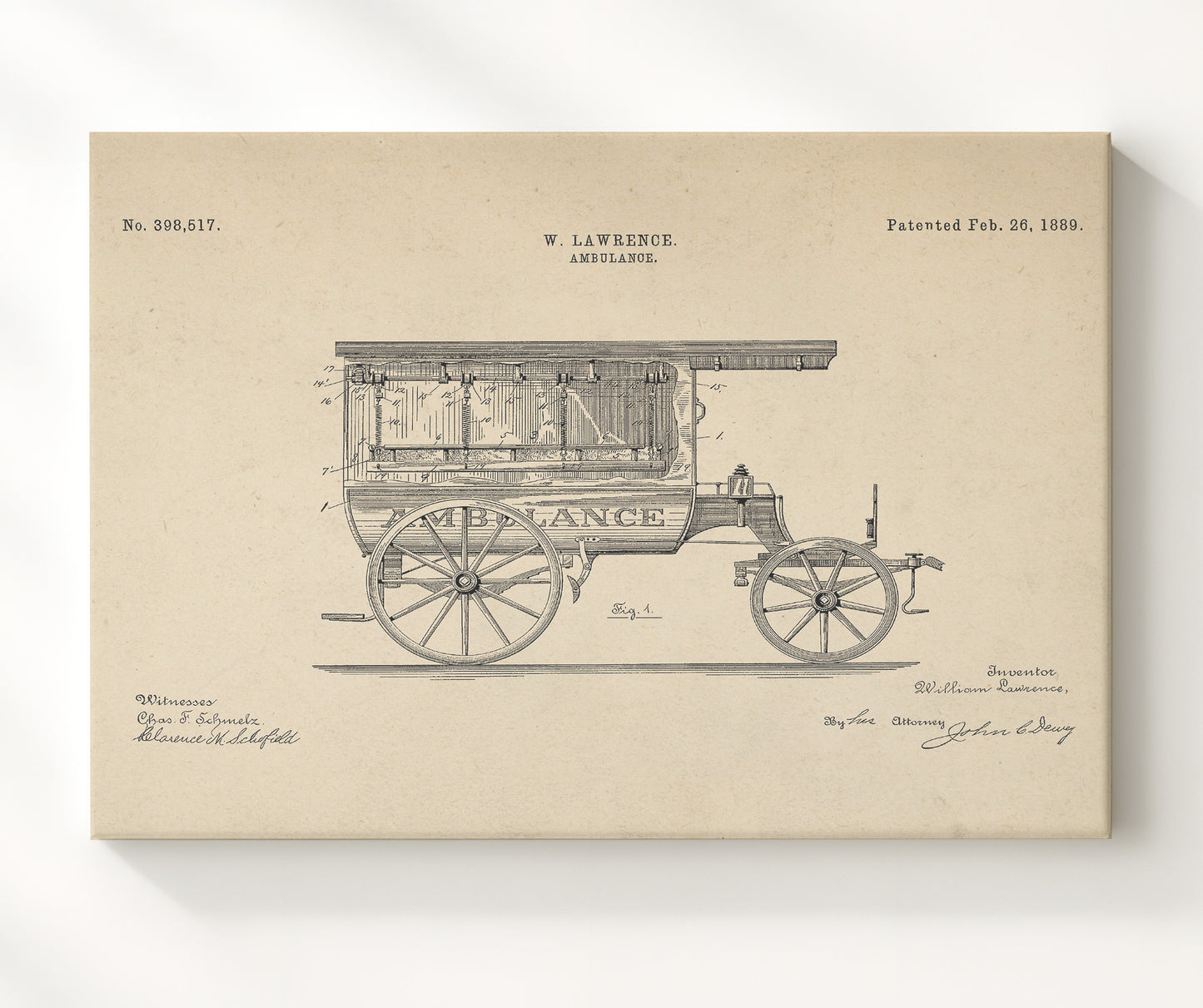 Patent Print - Ambulance - W. Lawrence - 1889 - Patent 398517 - Landscape Patent Wall Art