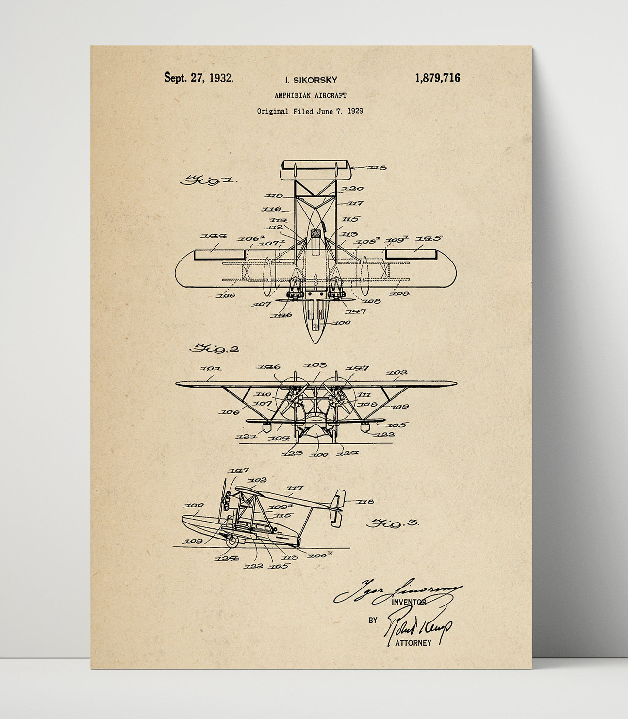 Patent Print - Amphibian Aircraft - Igor Sikorsky - 1932 - Patent 1879716 Patent Wall Art