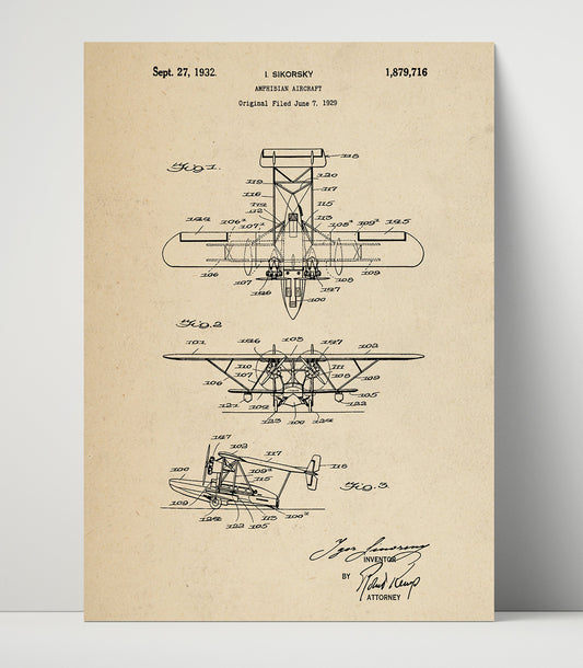 Amphibian Aircraft - 1932 Patent - 16x20 Unframed Print