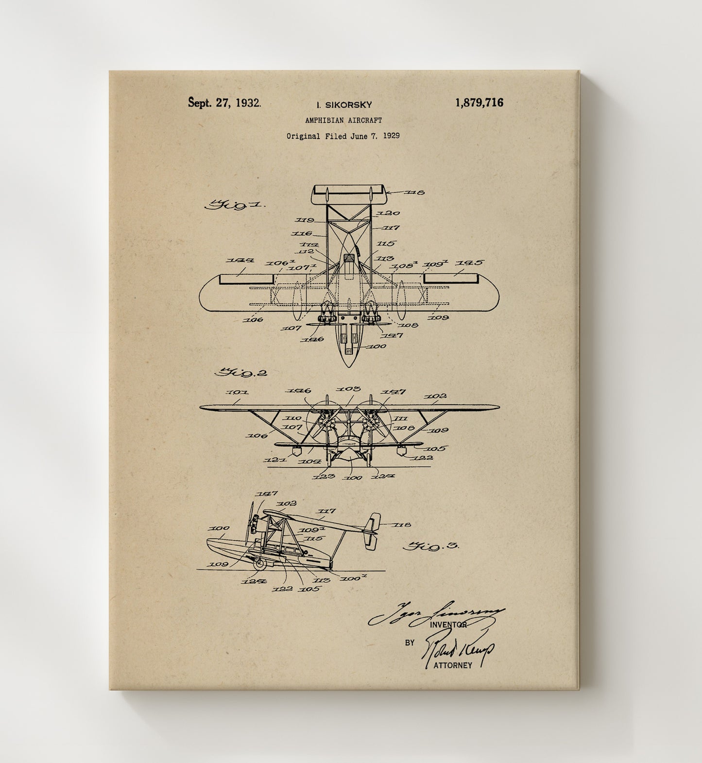 Patent Print - Amphibian Aircraft - Igor Sikorsky - 1932 - Patent 1879716 Patent Wall Art