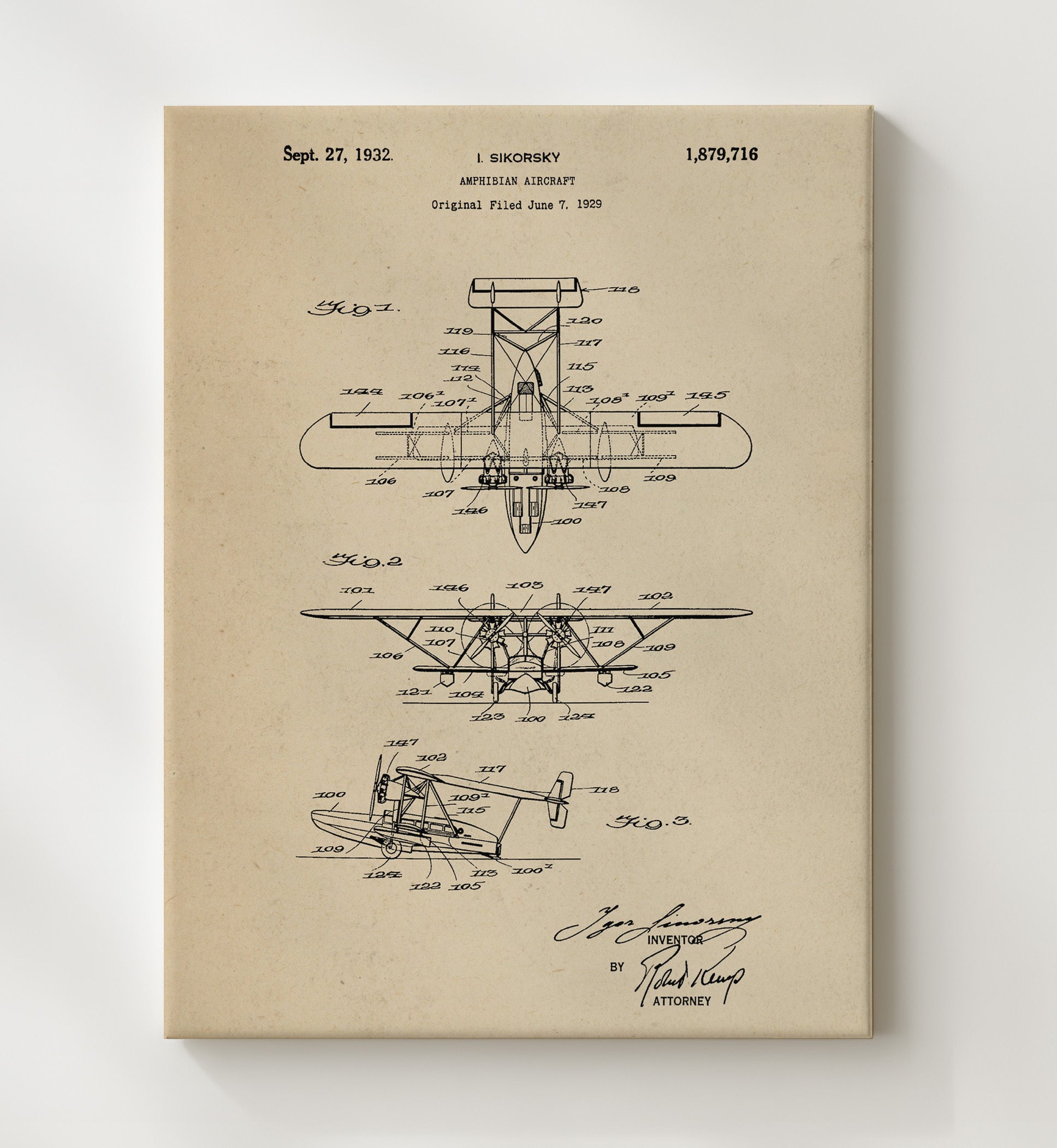 Patent Print - Amphibian Aircraft - Igor Sikorsky - 1932 - Patent 1879716 Patent Wall Art
