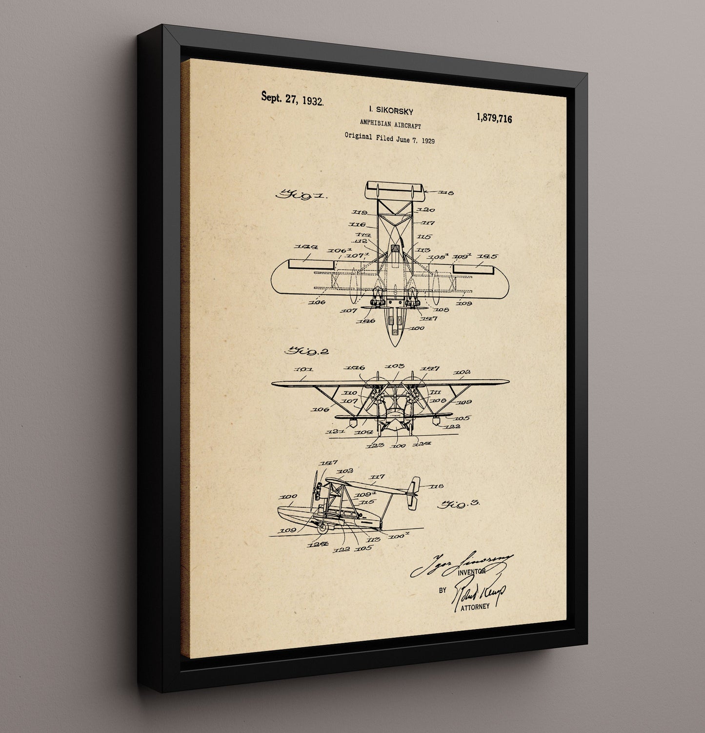 Patent Print - Amphibian Aircraft - Igor Sikorsky - 1932 - Patent 1879716 Patent Wall Art
