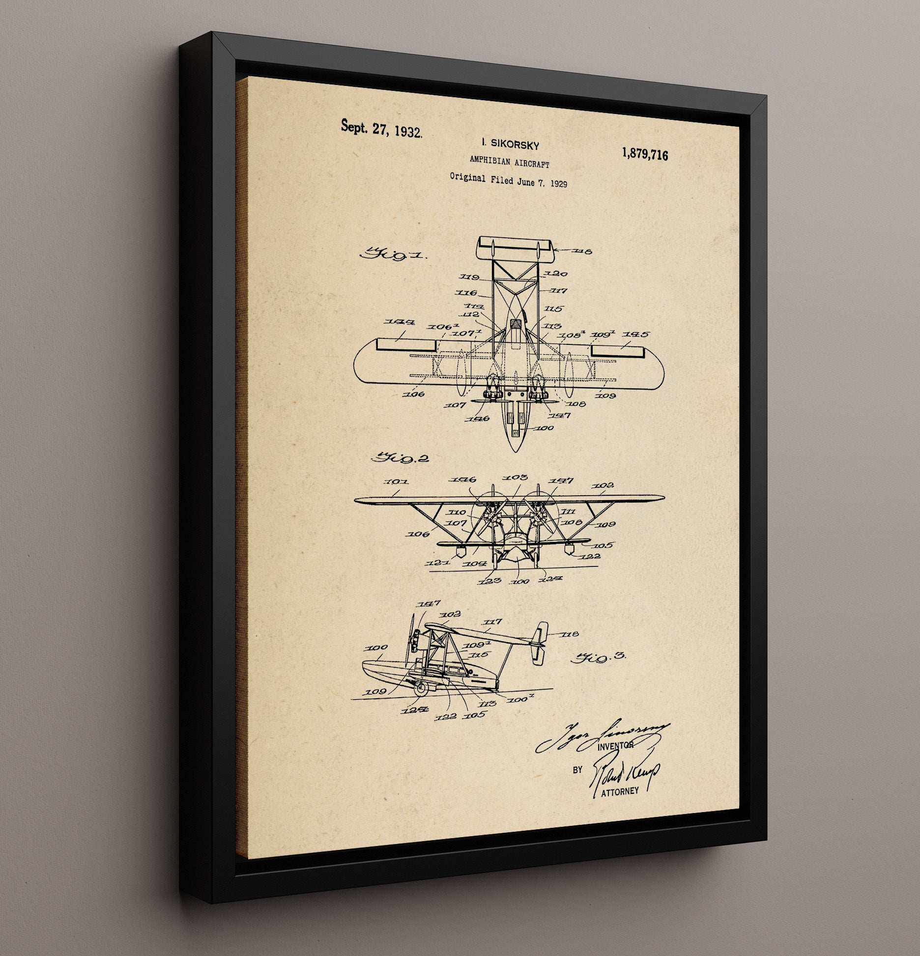 Patent Print - Amphibian Aircraft - Igor Sikorsky - 1932 - Patent 1879716 Patent Wall Art
