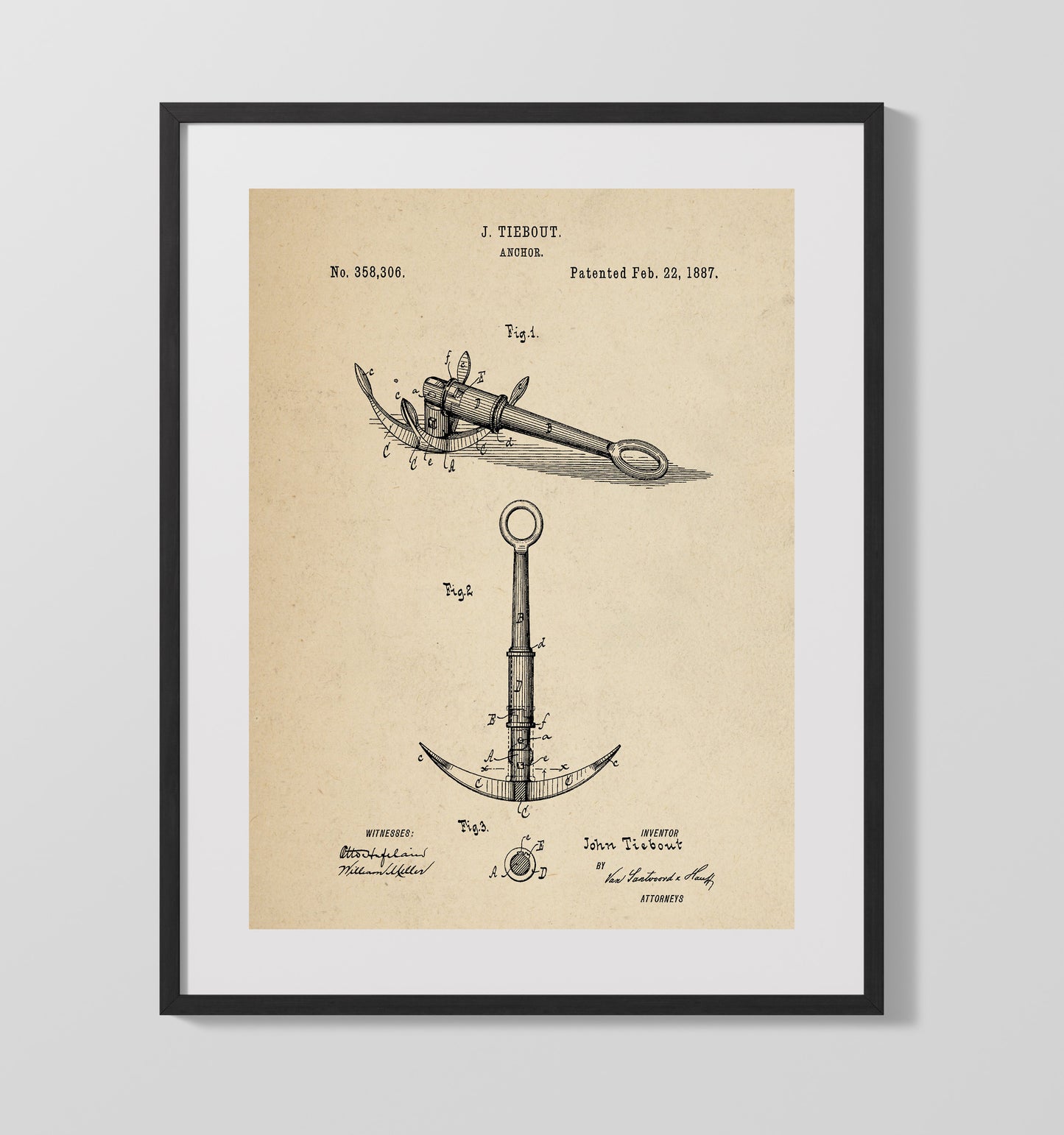 Patent Print - Anchor - John Tiebout - 1887 - Patent 358306 Patent Wall Art