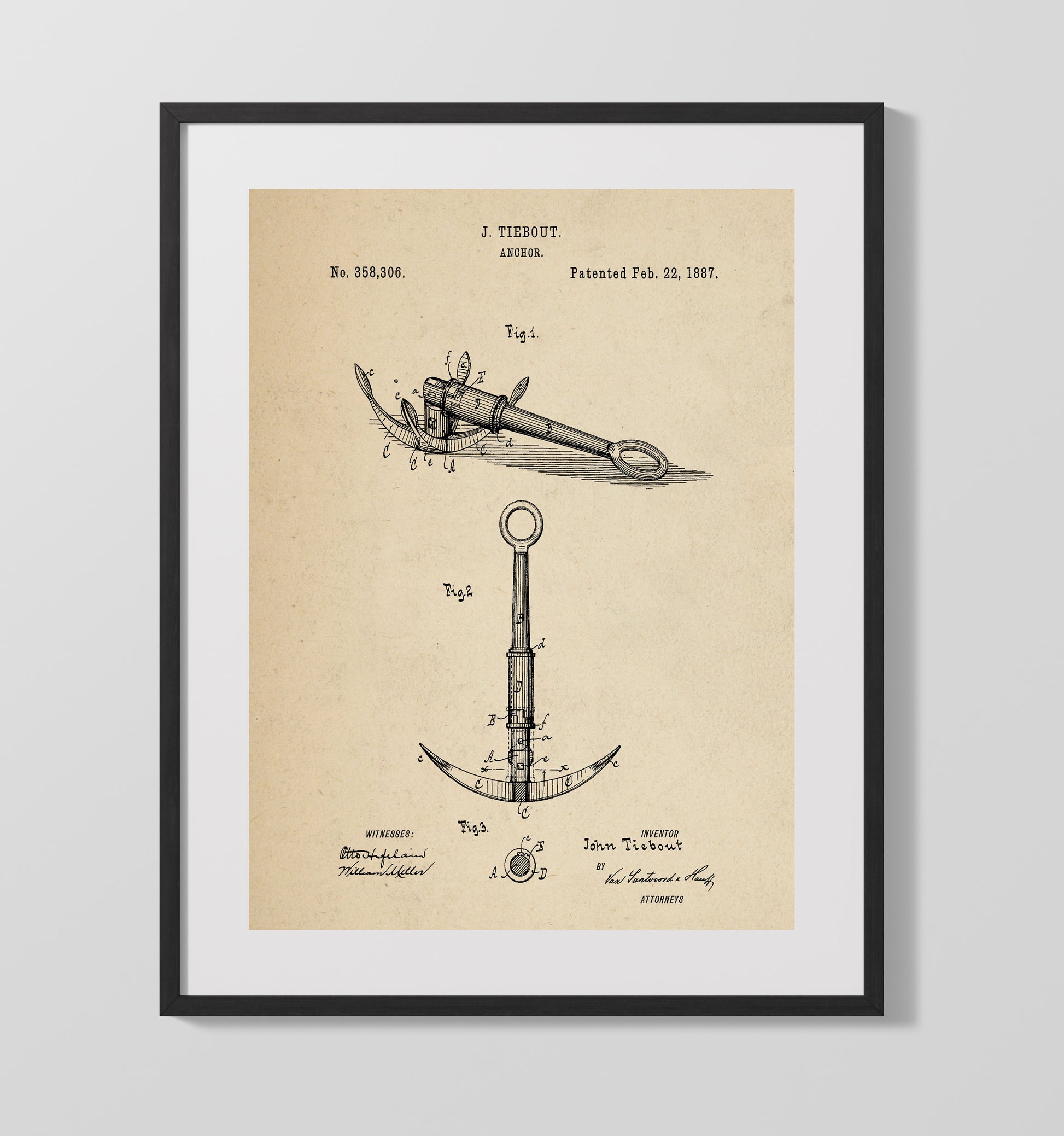 Patent Print - Anchor - John Tiebout - 1887 - Patent 358306 Patent Wall Art