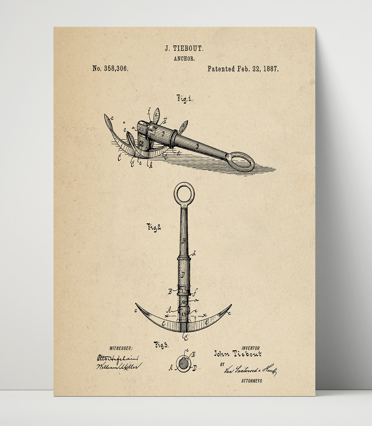 Patent Print - Anchor - John Tiebout - 1887 - Patent 358306 Patent Wall Art