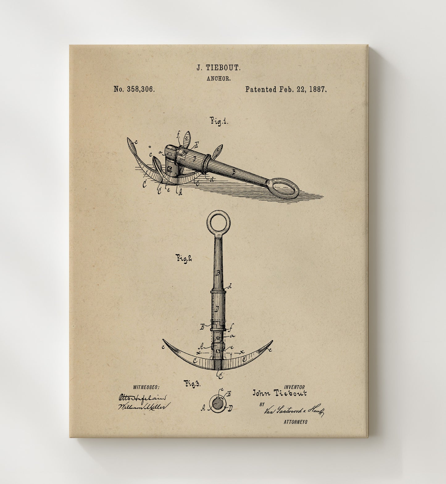 Patent Print - Anchor - John Tiebout - 1887 - Patent 358306 Patent Wall Art