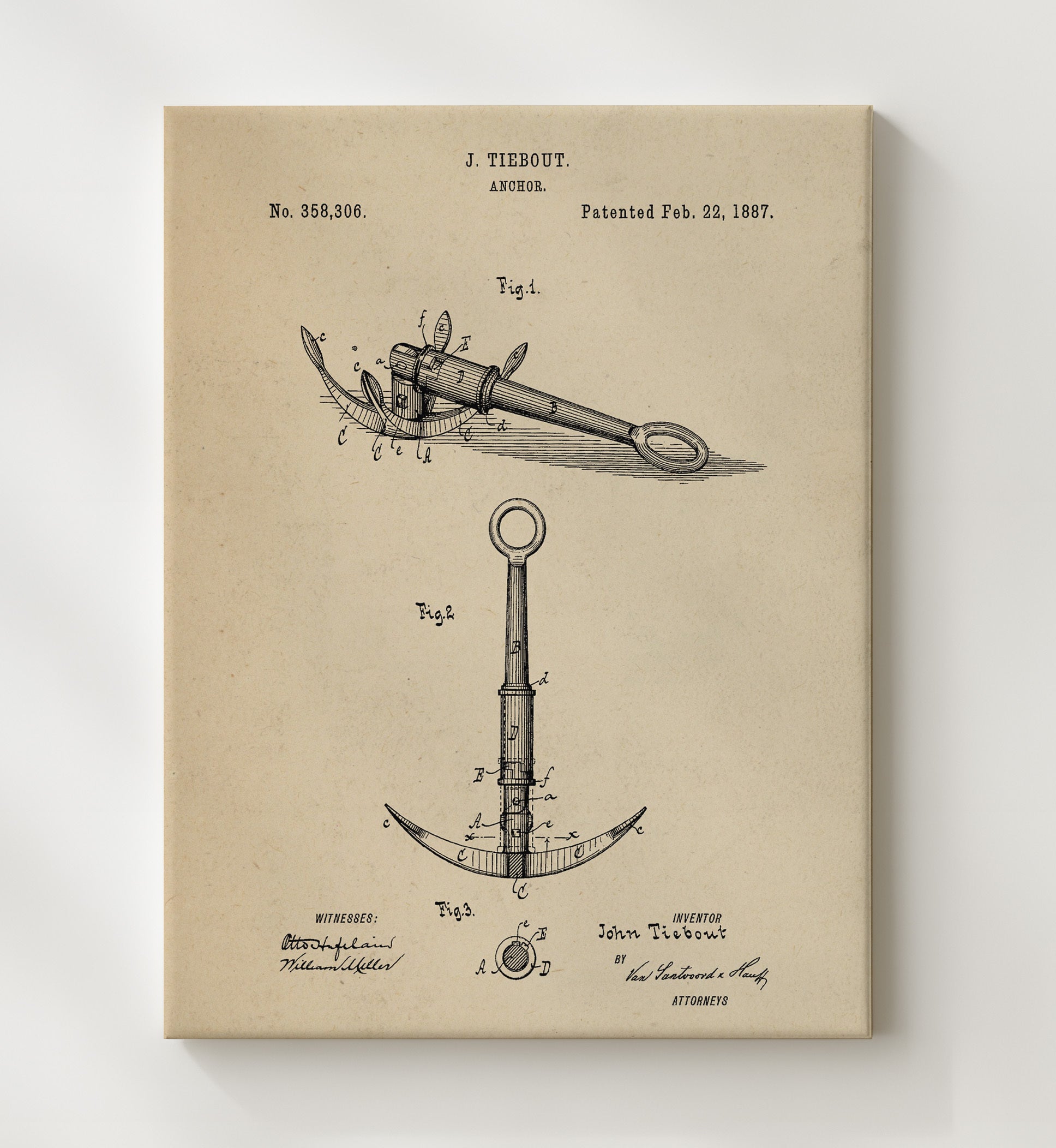 Patent Print - Anchor - John Tiebout - 1887 - Patent 358306 Patent Wall Art