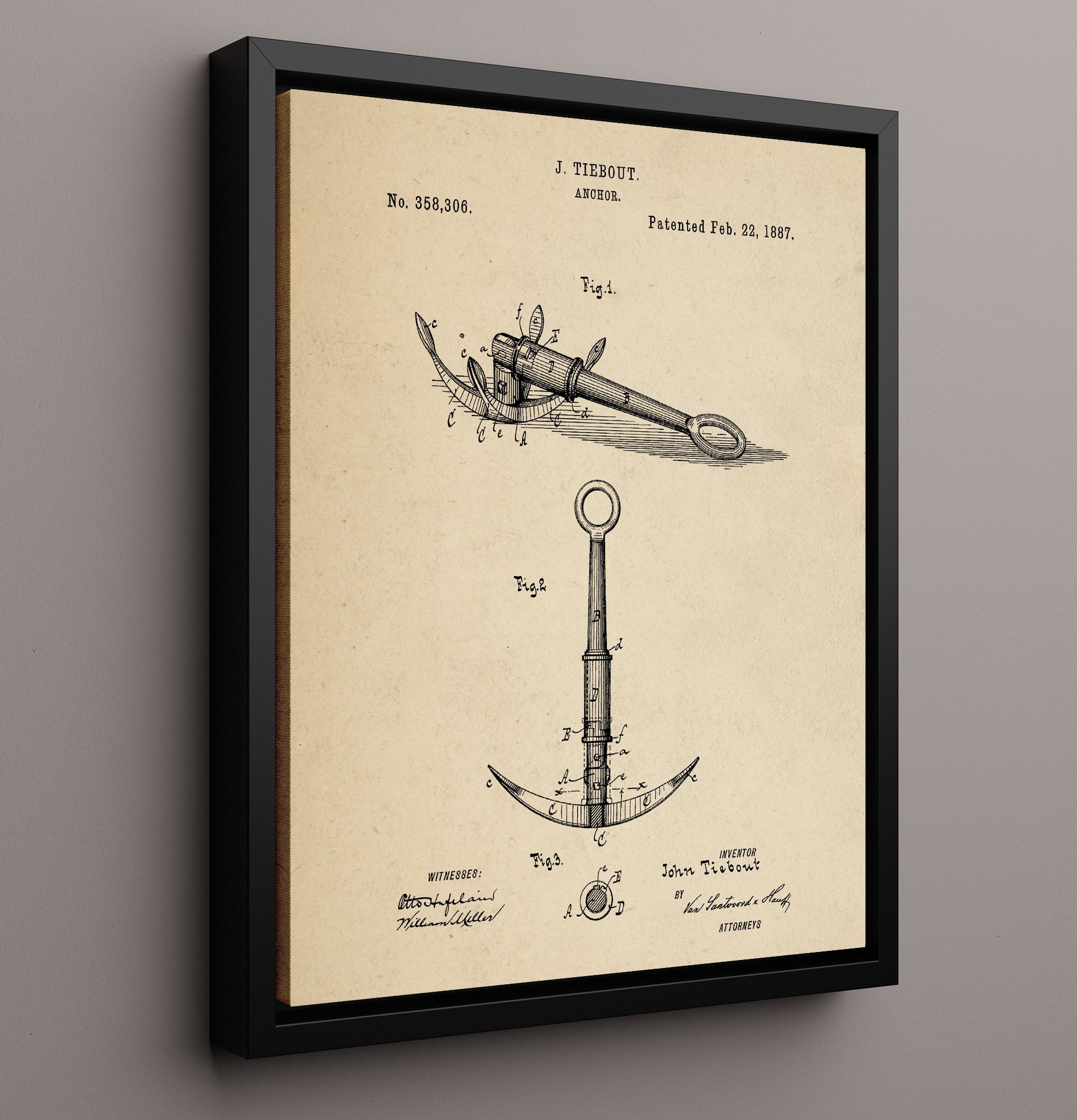 Patent Print - Anchor - John Tiebout - 1887 - Patent 358306 Patent Wall Art