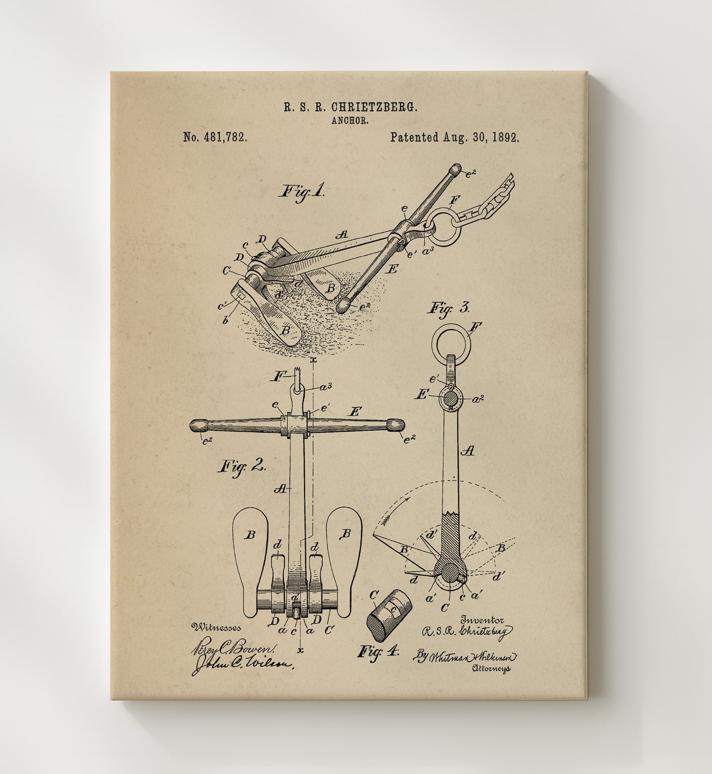 Patent Print - Anchor - R S R Chrietzberg - 1892 - Patent 481782 Patent Wall Art