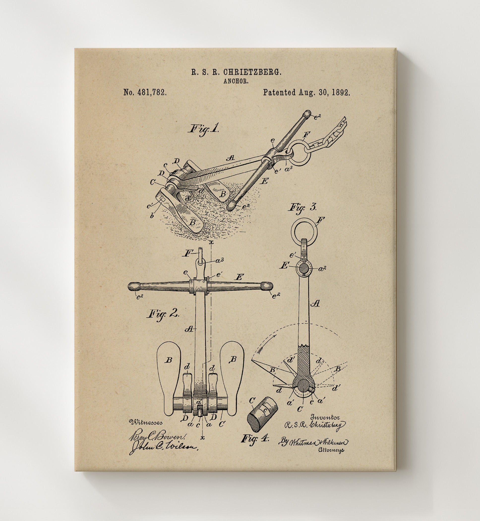 Patent Print - Anchor - R S R Chrietzberg - 1892 - Patent 481782 Patent Wall Art