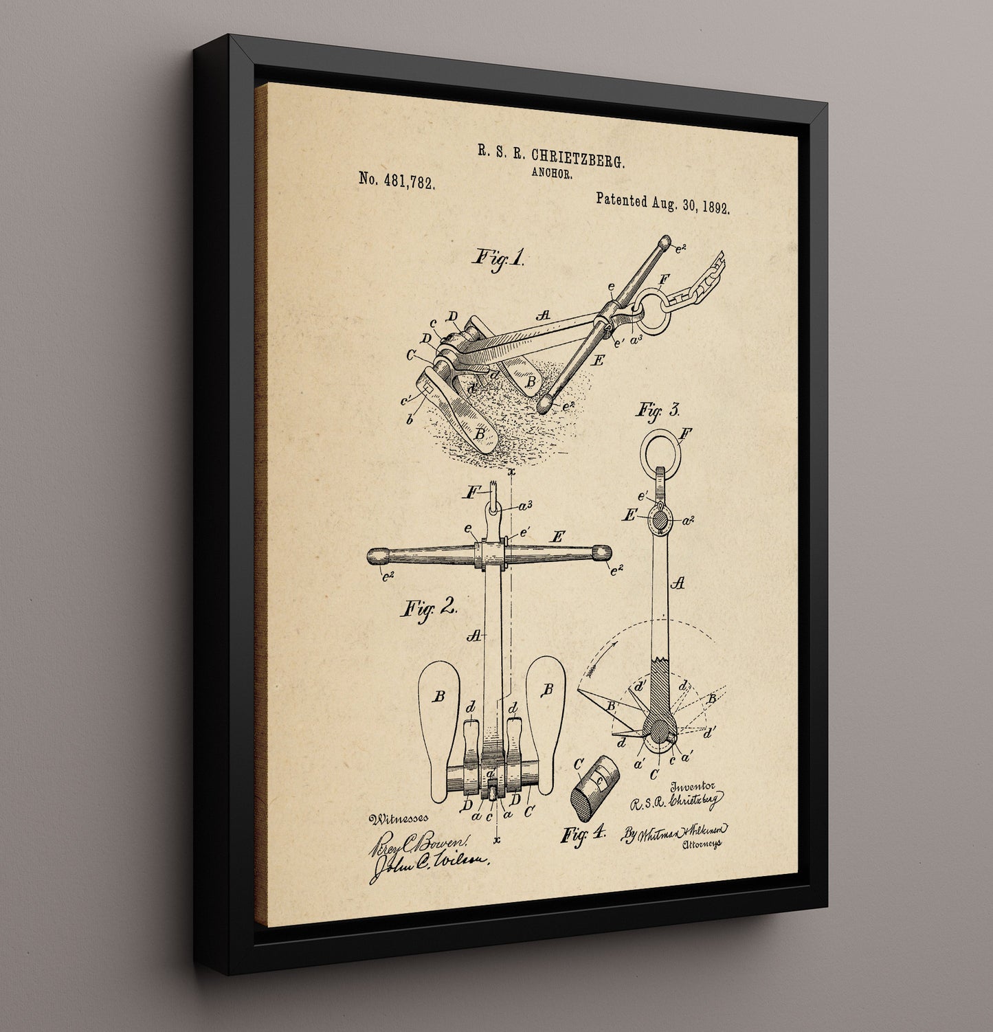 Patent Print - Anchor - R S R Chrietzberg - 1892 - Patent 481782 Patent Wall Art