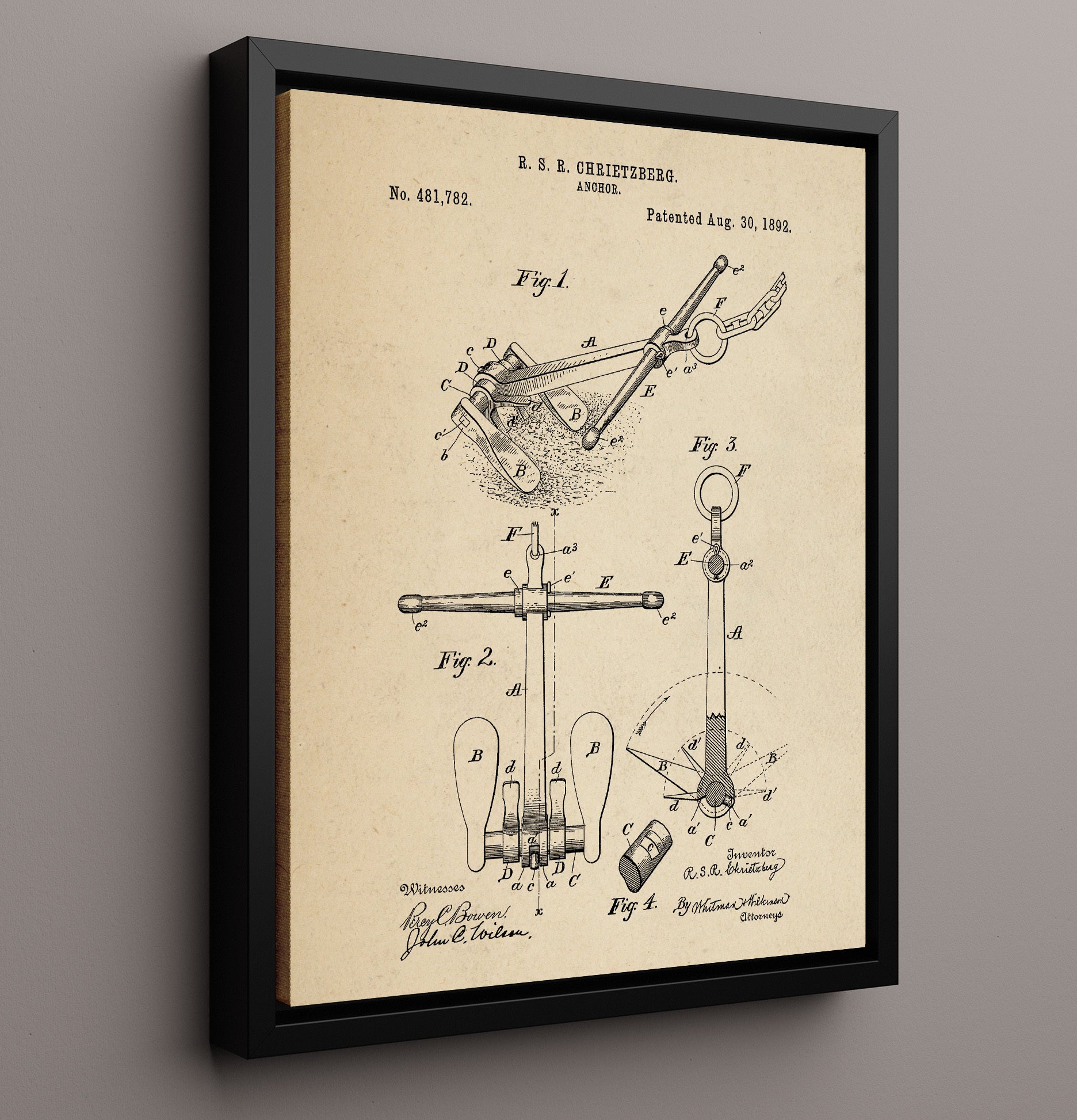 Patent Print - Anchor - R S R Chrietzberg - 1892 - Patent 481782 Patent Wall Art
