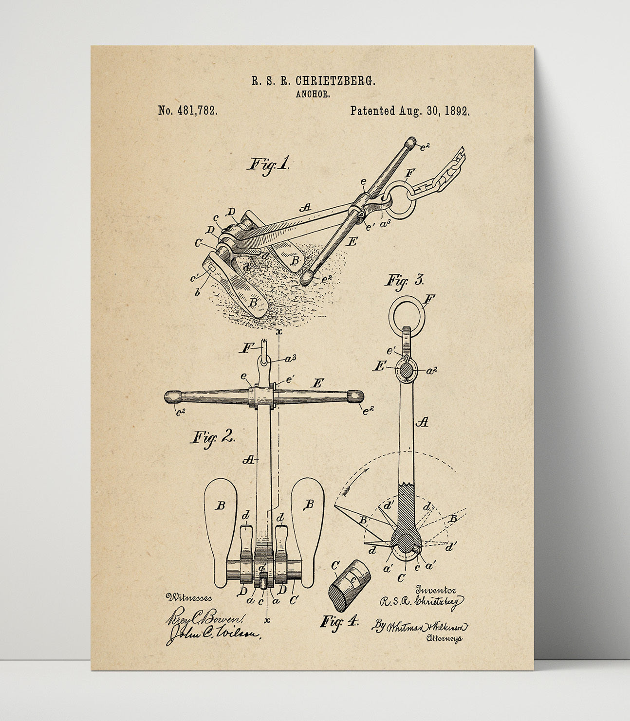 Patent Print - Anchor - R S R Chrietzberg - 1892 - Patent 481782 Patent Wall Art