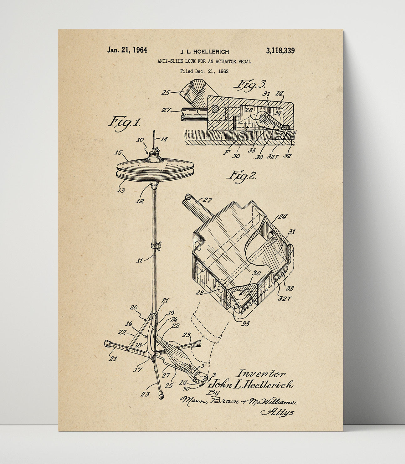 Patent Print - Anti-Slide Lock For An Actuator Pedal - John L. Hoellerich - 1964 - Patent 3118339 Patent Wall Art
