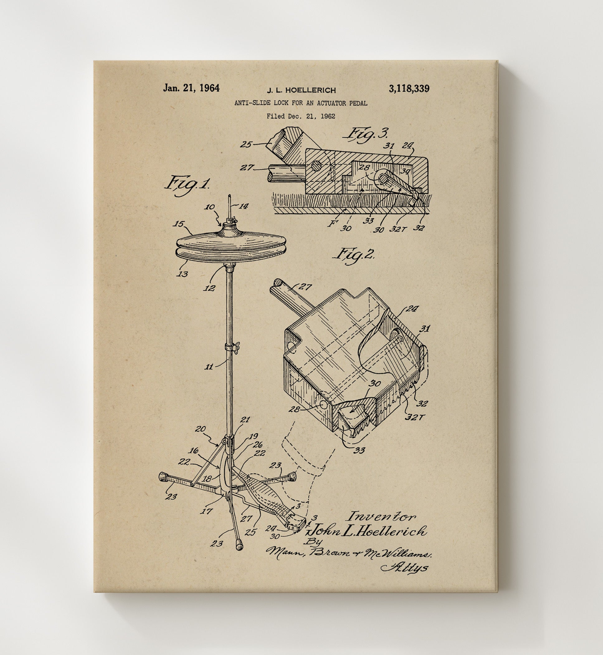 Patent Print - Anti-Slide Lock For An Actuator Pedal - John L. Hoellerich - 1964 - Patent 3118339 Patent Wall Art