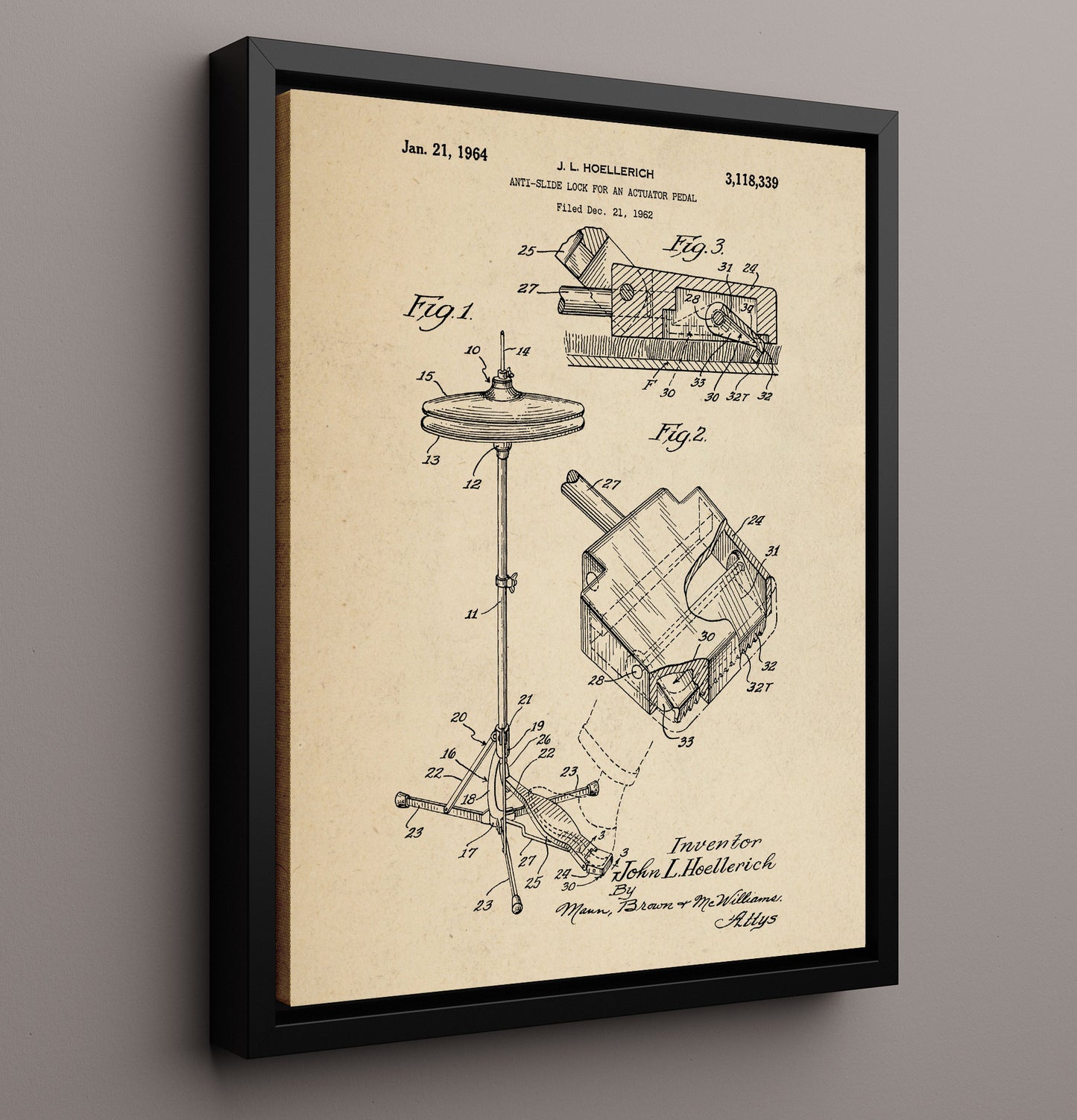 Patent Print - Anti-Slide Lock For An Actuator Pedal - John L. Hoellerich - 1964 - Patent 3118339 Patent Wall Art