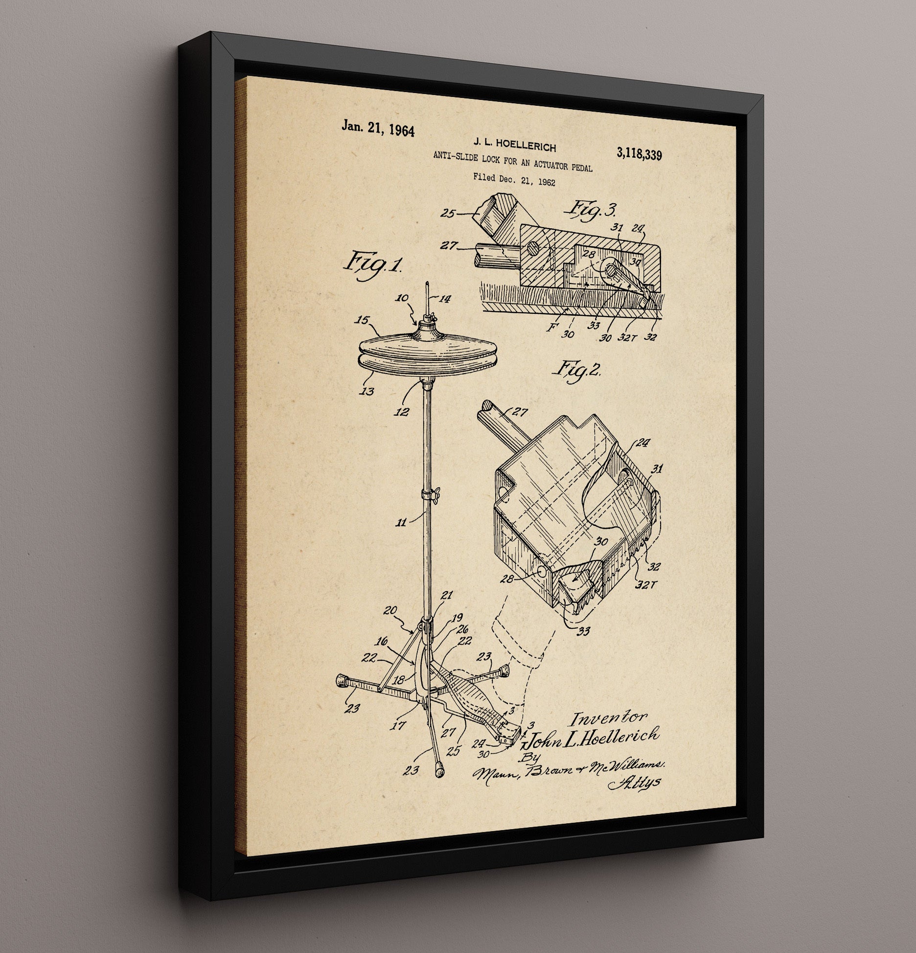 Patent Print - Anti-Slide Lock For An Actuator Pedal - John L. Hoellerich - 1964 - Patent 3118339 Patent Wall Art