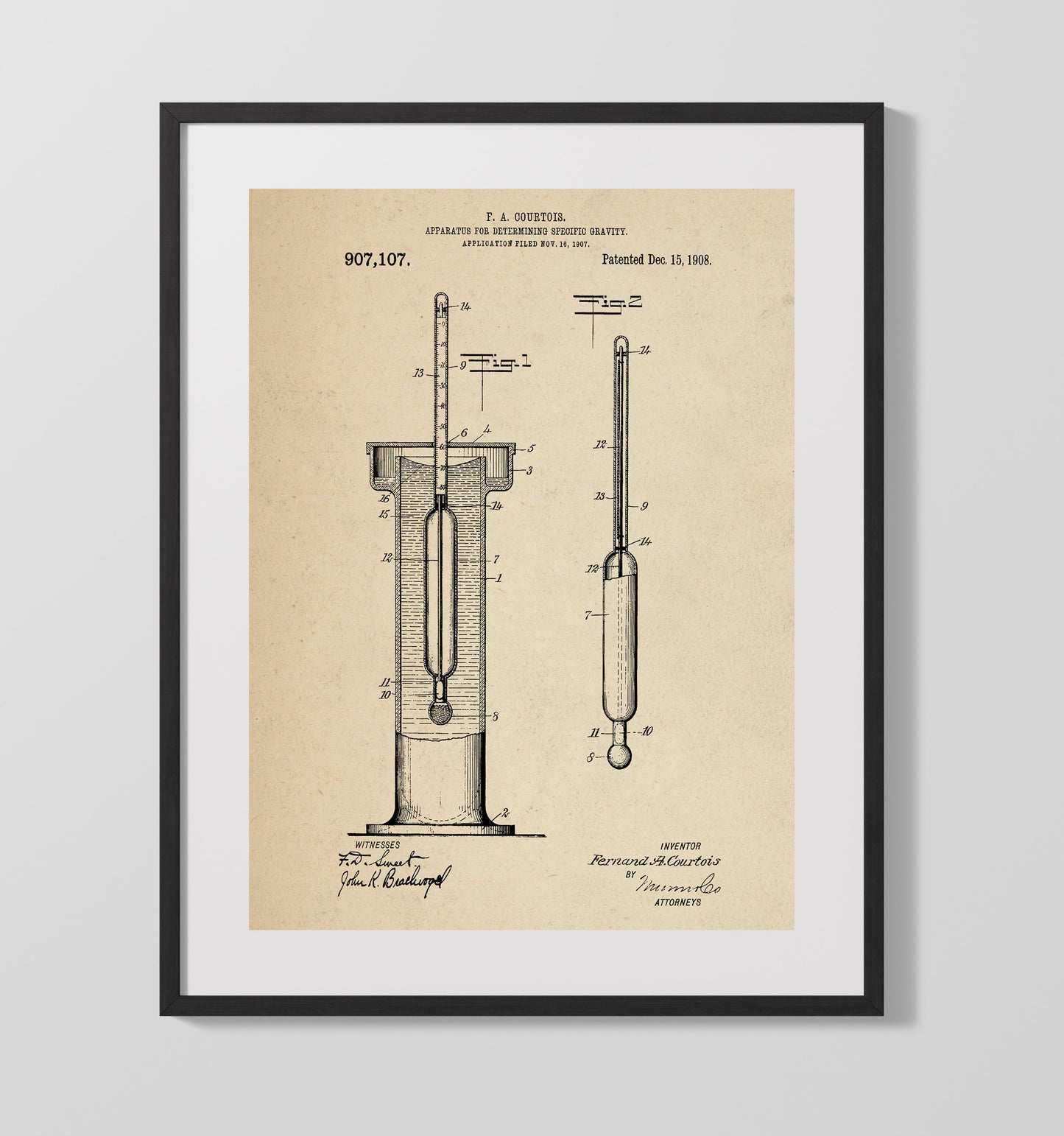 Patent Print - Apparatus For Determining Specific Gravity - F. A. Courtois - 1908 - Patent 907107 Patent Wall Art