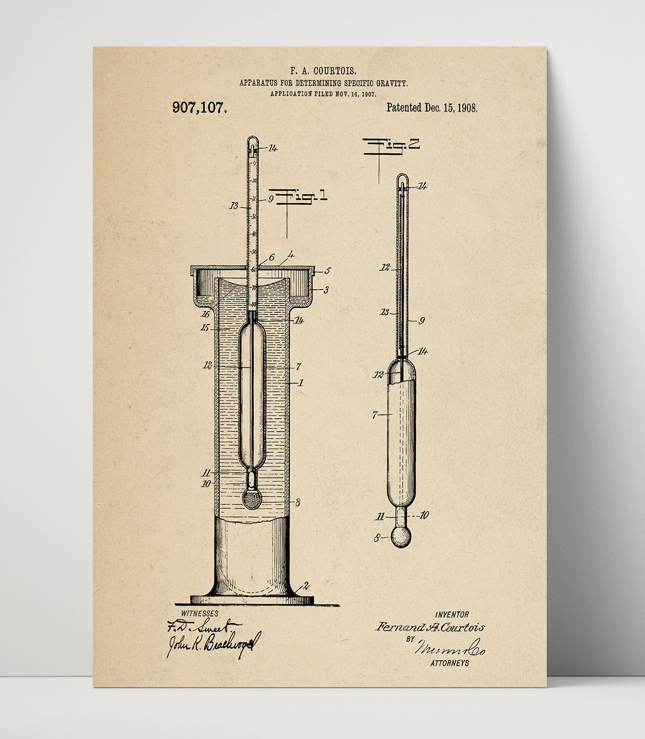 Patent Print - Apparatus For Determining Specific Gravity - F. A. Courtois - 1908 - Patent 907107 Patent Wall Art