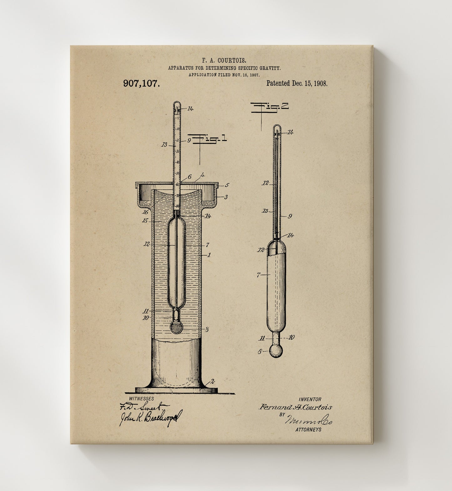 Patent Print - Apparatus For Determining Specific Gravity - F. A. Courtois - 1908 - Patent 907107 Patent Wall Art