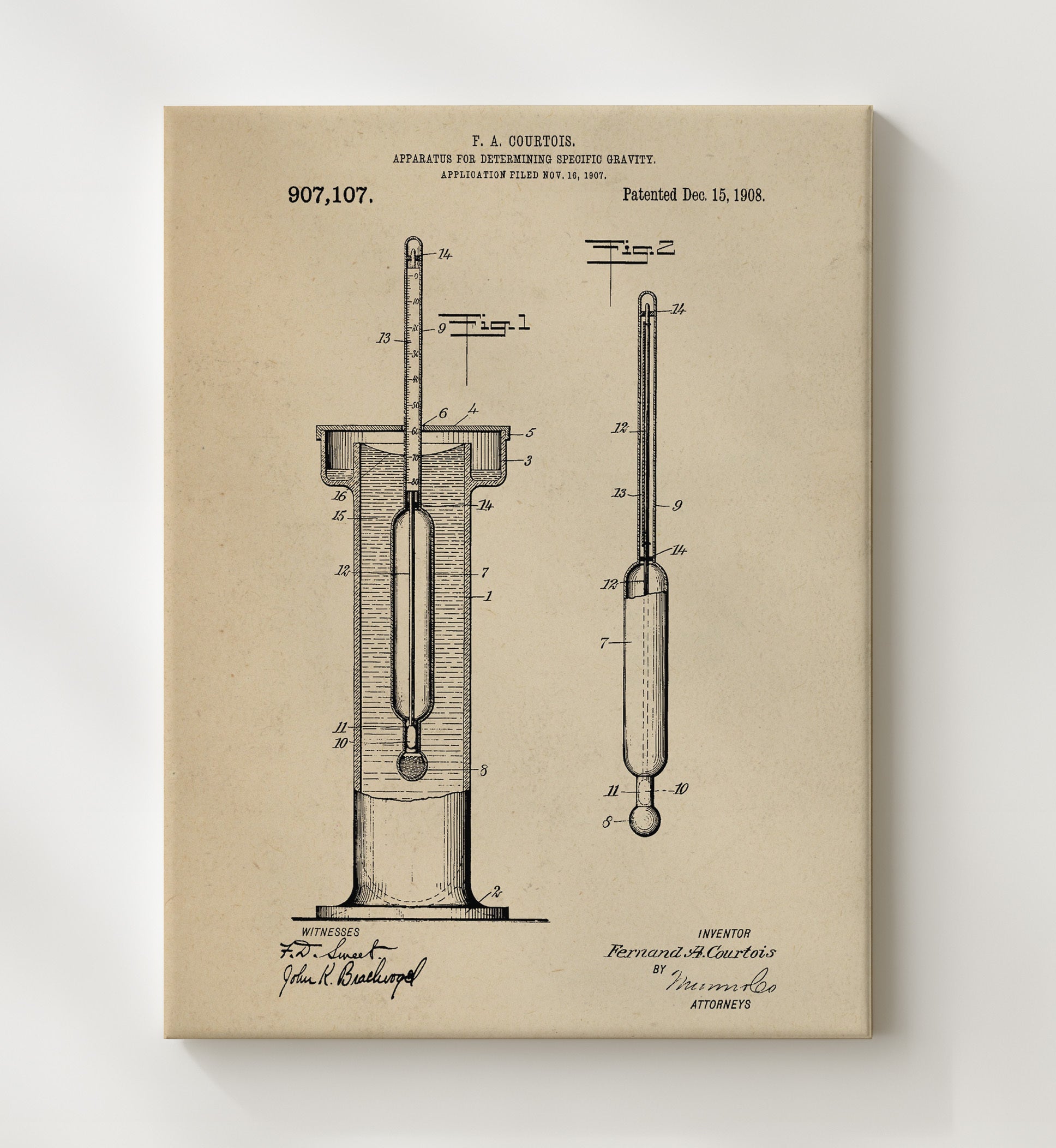 Patent Print - Apparatus For Determining Specific Gravity - F. A. Courtois - 1908 - Patent 907107 Patent Wall Art