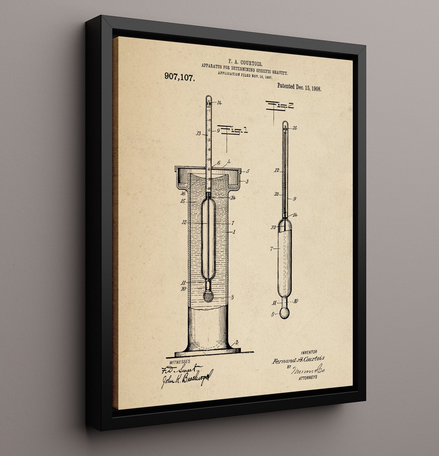 Patent Print - Apparatus For Determining Specific Gravity - F. A. Courtois - 1908 - Patent 907107 Patent Wall Art