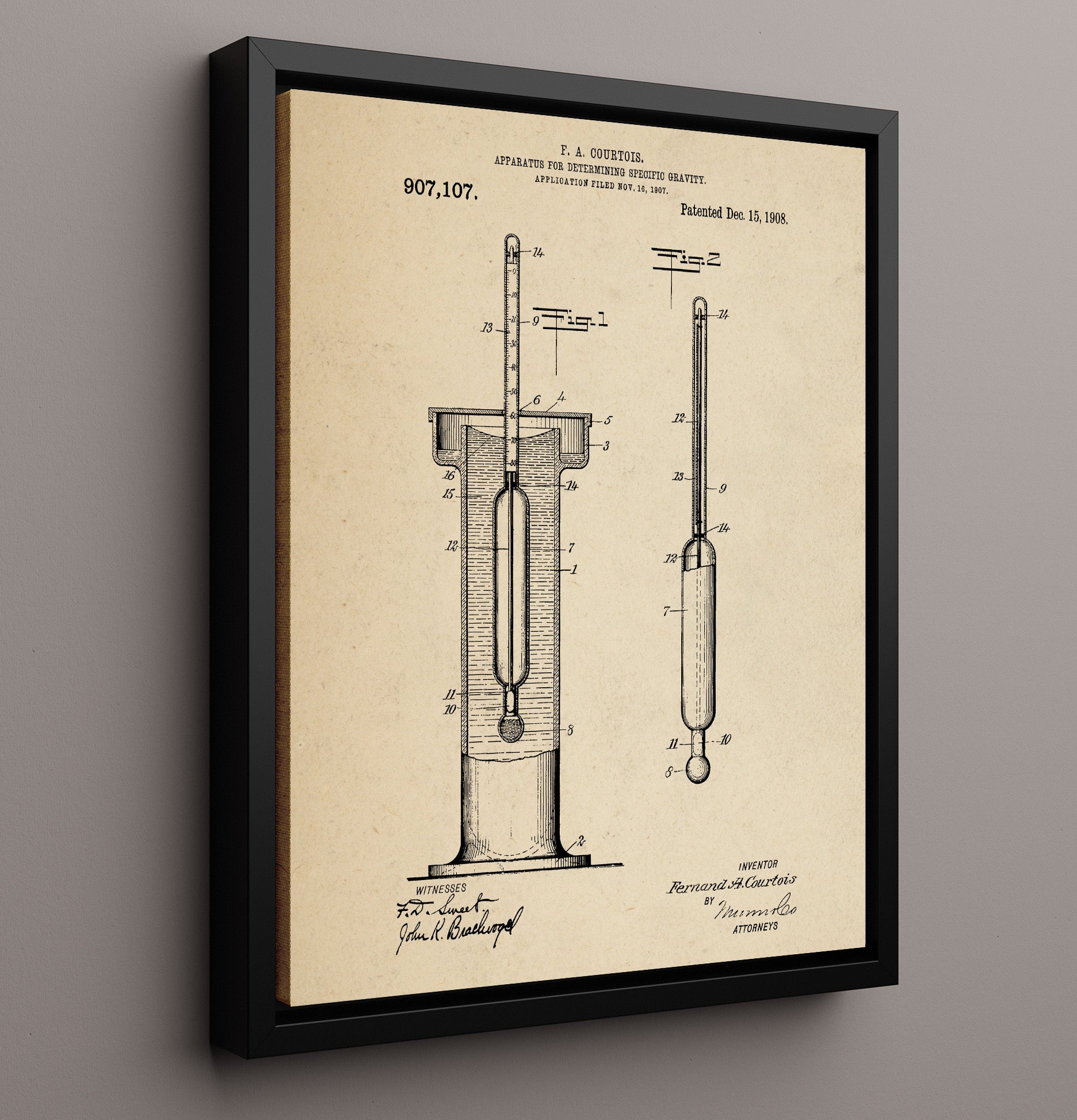 Patent Print - Apparatus For Determining Specific Gravity - F. A. Courtois - 1908 - Patent 907107 Patent Wall Art