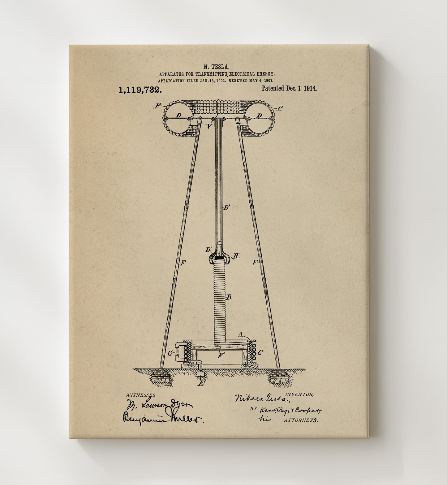 Patent Print - Apparatus For Transmitting Electrical Energy - Nikola Tesla - 1914 - Patent 1119732 Patent Wall Art