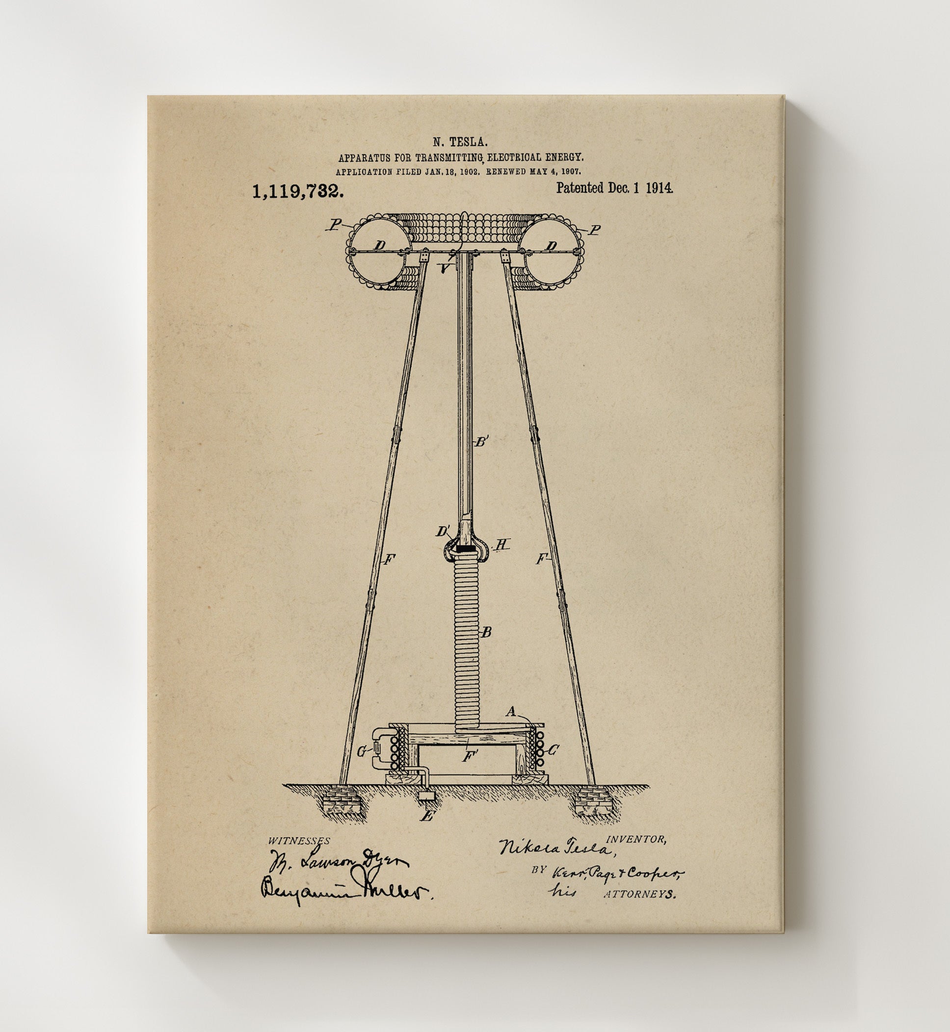 Patent Print - Apparatus For Transmitting Electrical Energy - Nikola Tesla - 1914 - Patent 1119732 Patent Wall Art