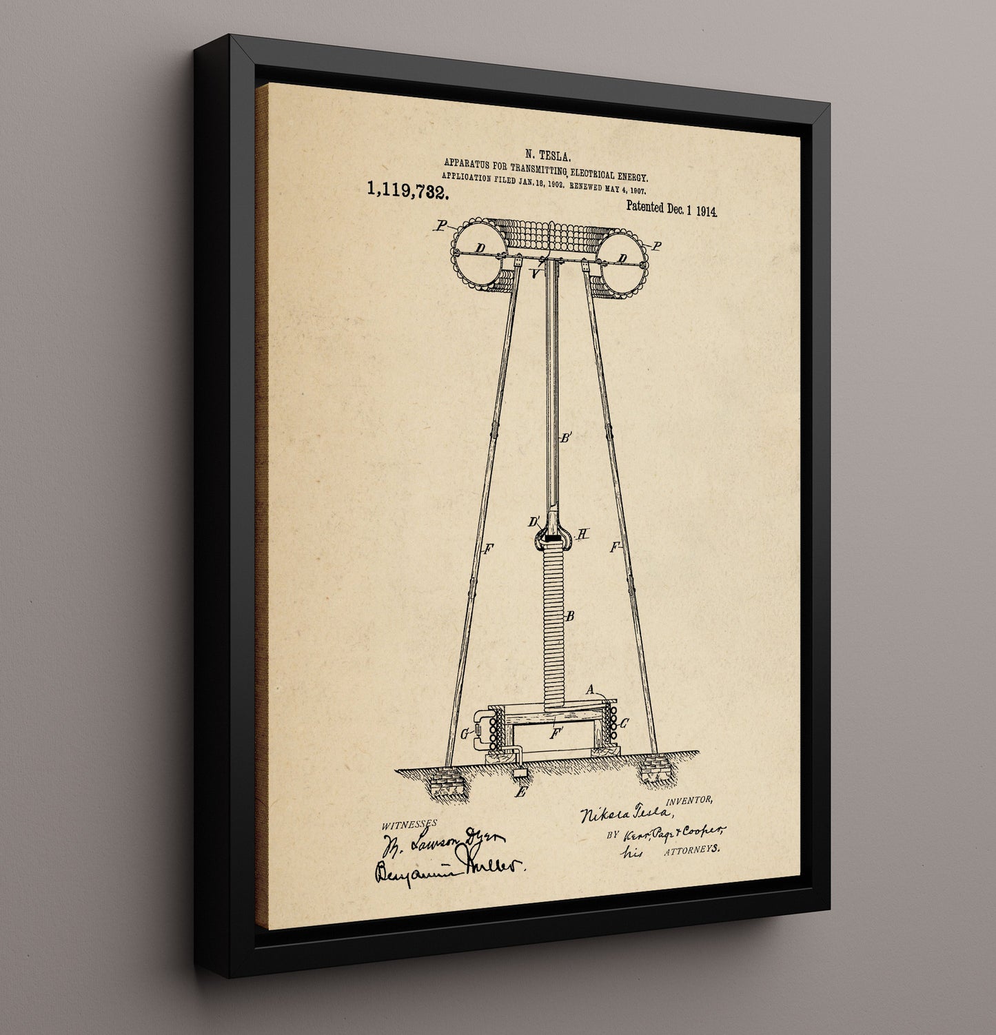 Patent Print - Apparatus For Transmitting Electrical Energy - Nikola Tesla - 1914 - Patent 1119732 Patent Wall Art