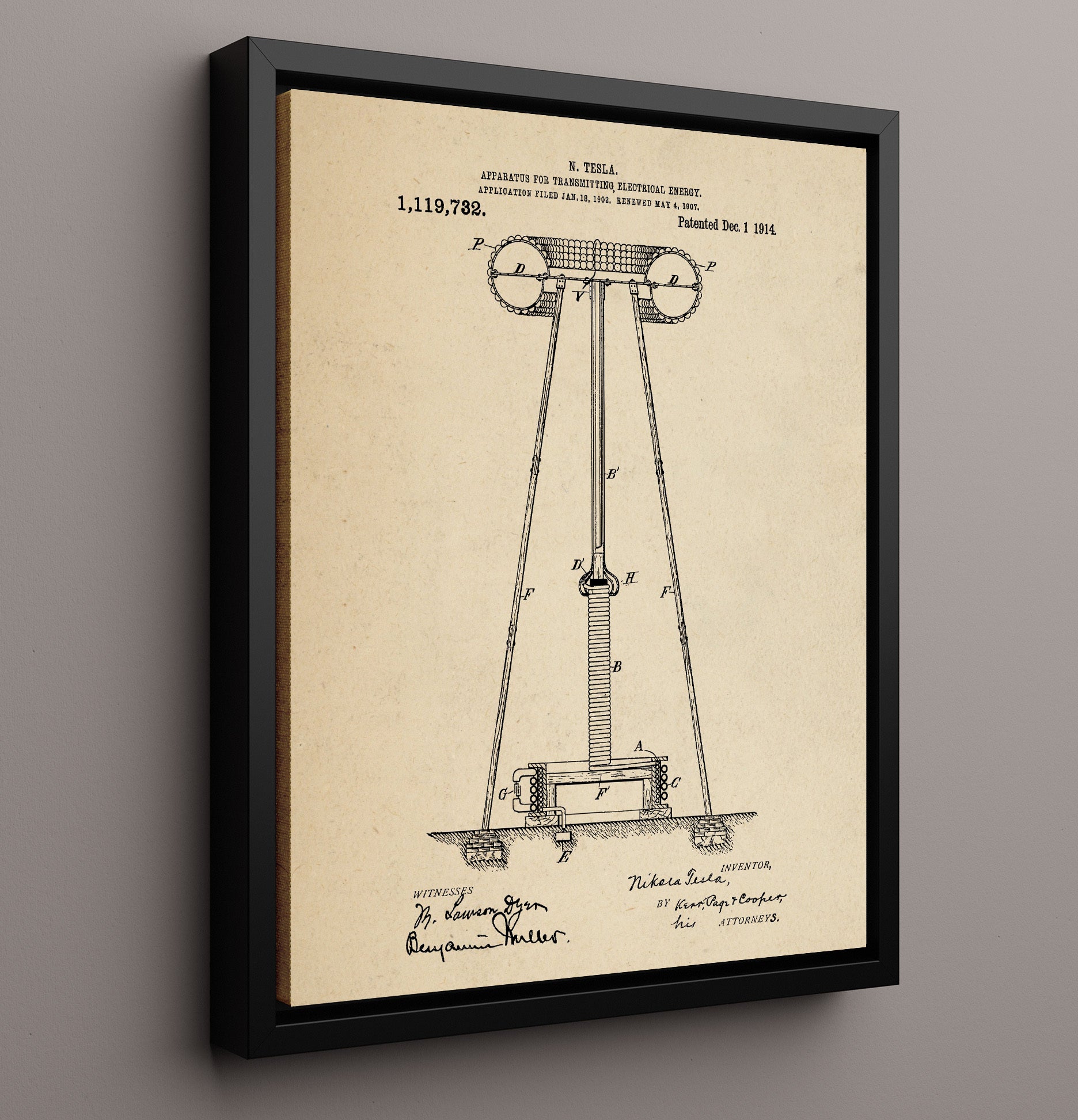 Patent Print - Apparatus For Transmitting Electrical Energy - Nikola Tesla - 1914 - Patent 1119732 Patent Wall Art
